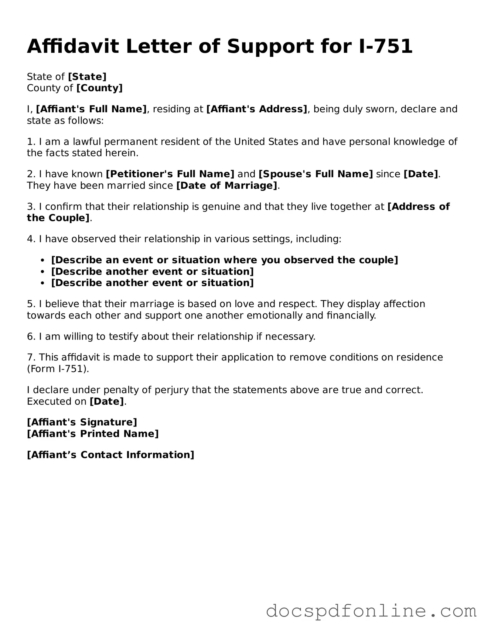 Attorney-Approved Affidavit Letter of Support for I-751 Document