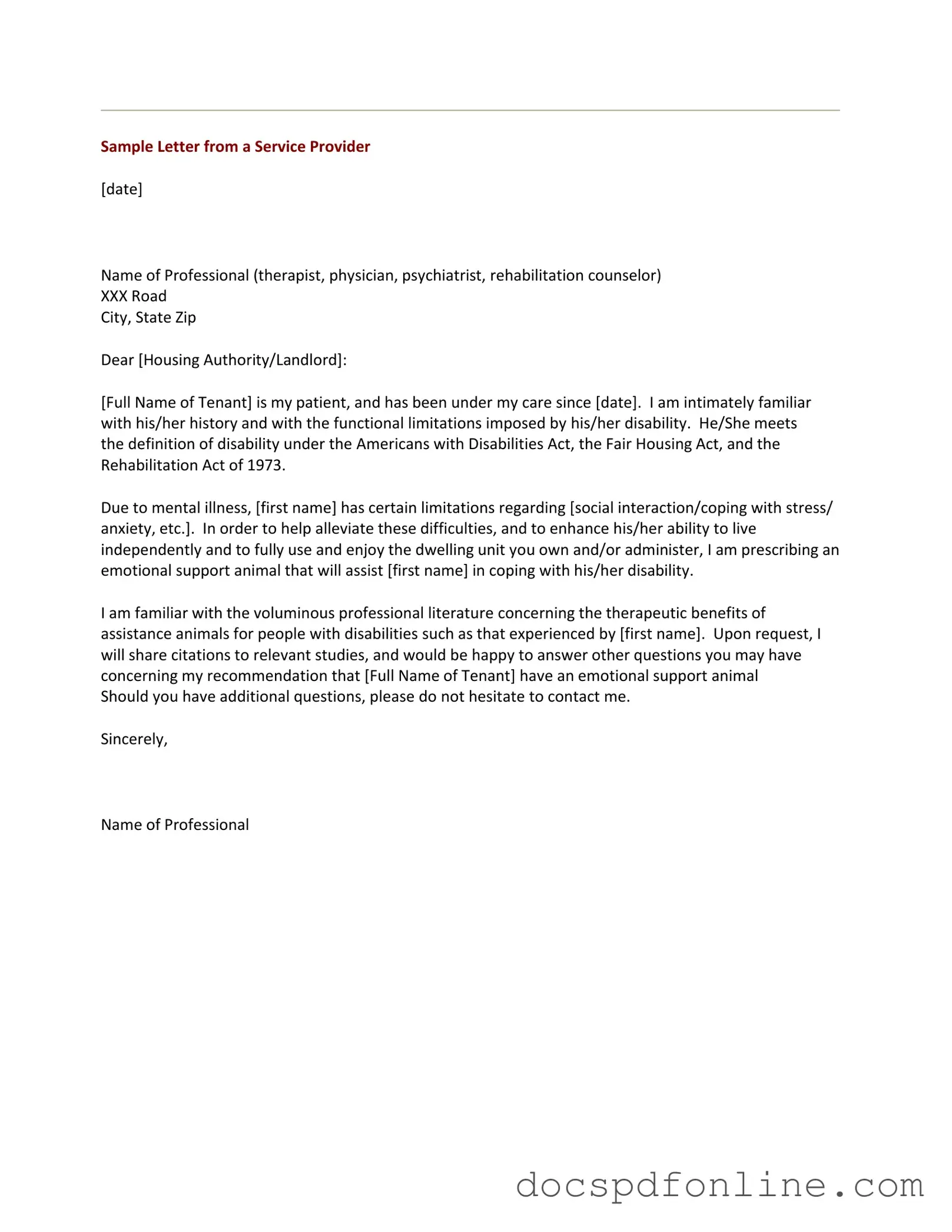 Fill Your Emotional Support Animal Letter Form