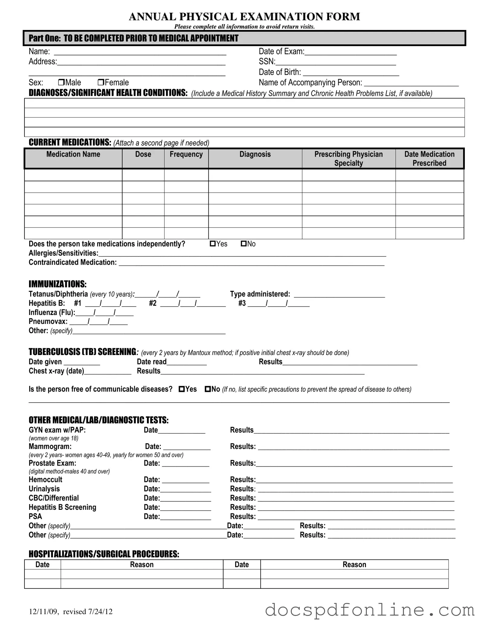Fill Your Annual Physical Examination Form