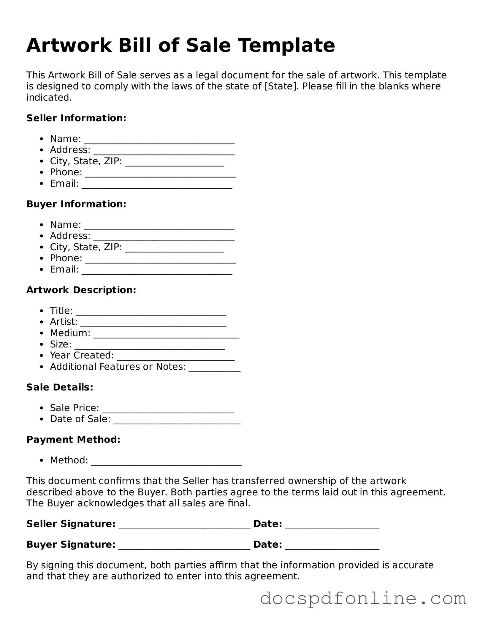 Attorney-Approved Artwork Bill of Sale Document
