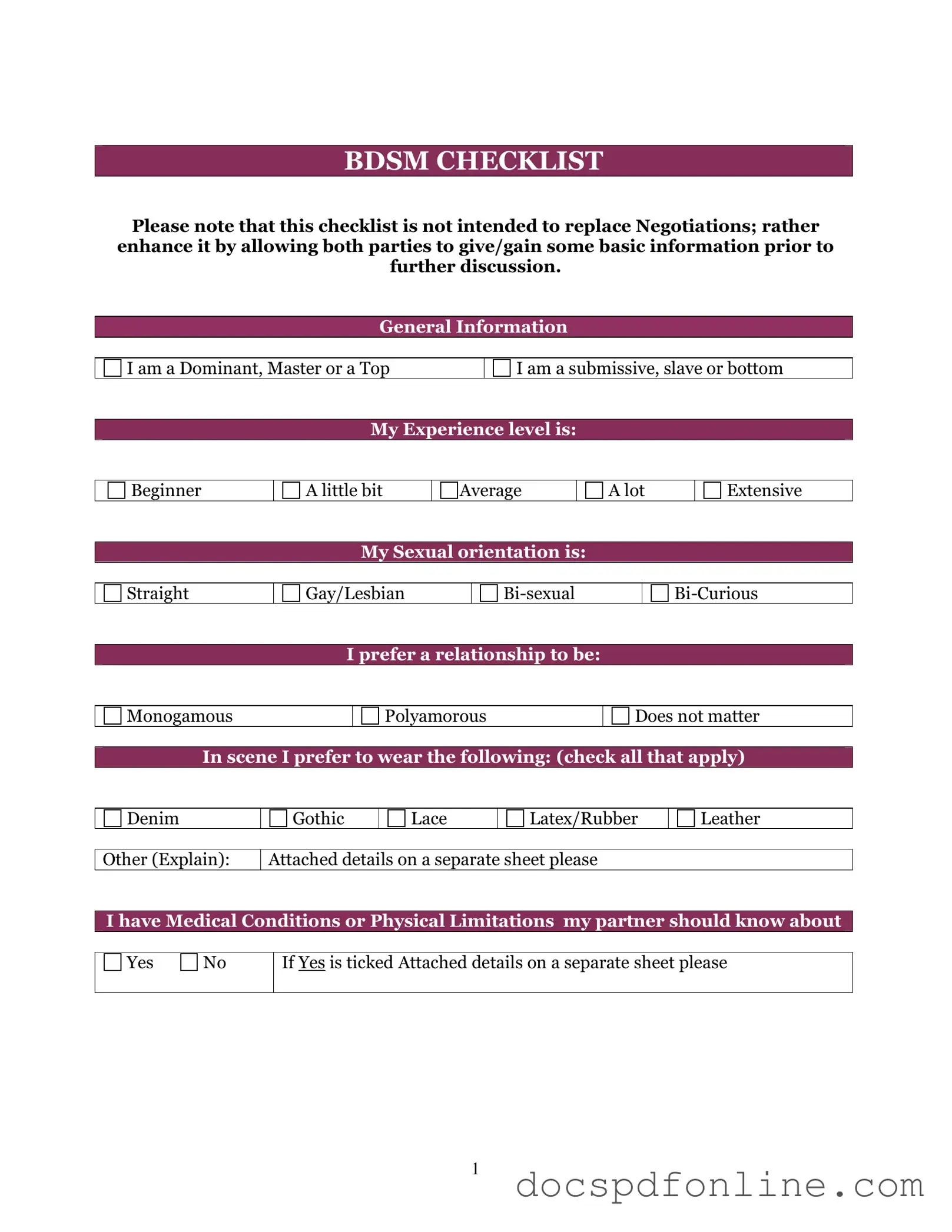 Fill Your Bdsm Checklist Form