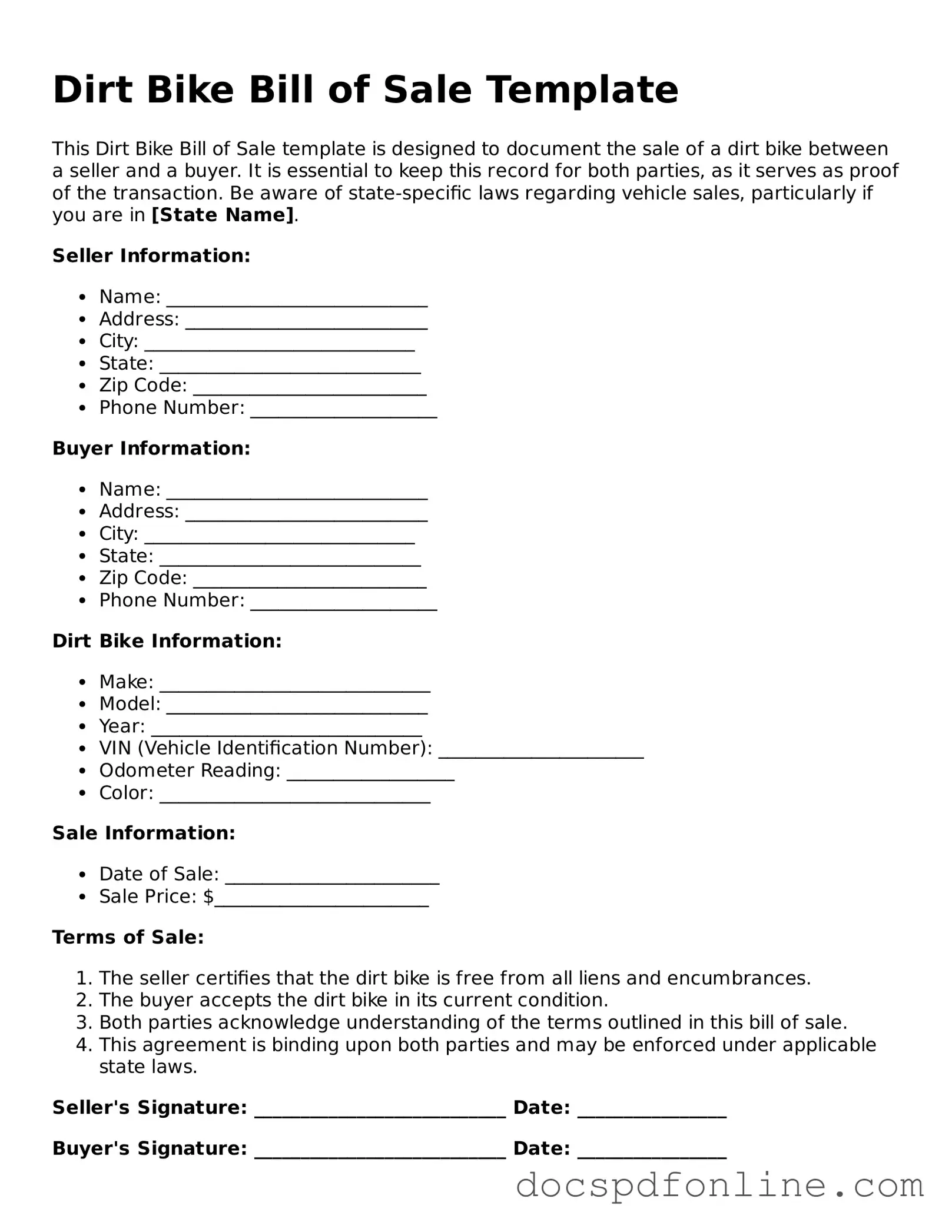 Attorney-Approved Dirt Bike Bill of Sale Document