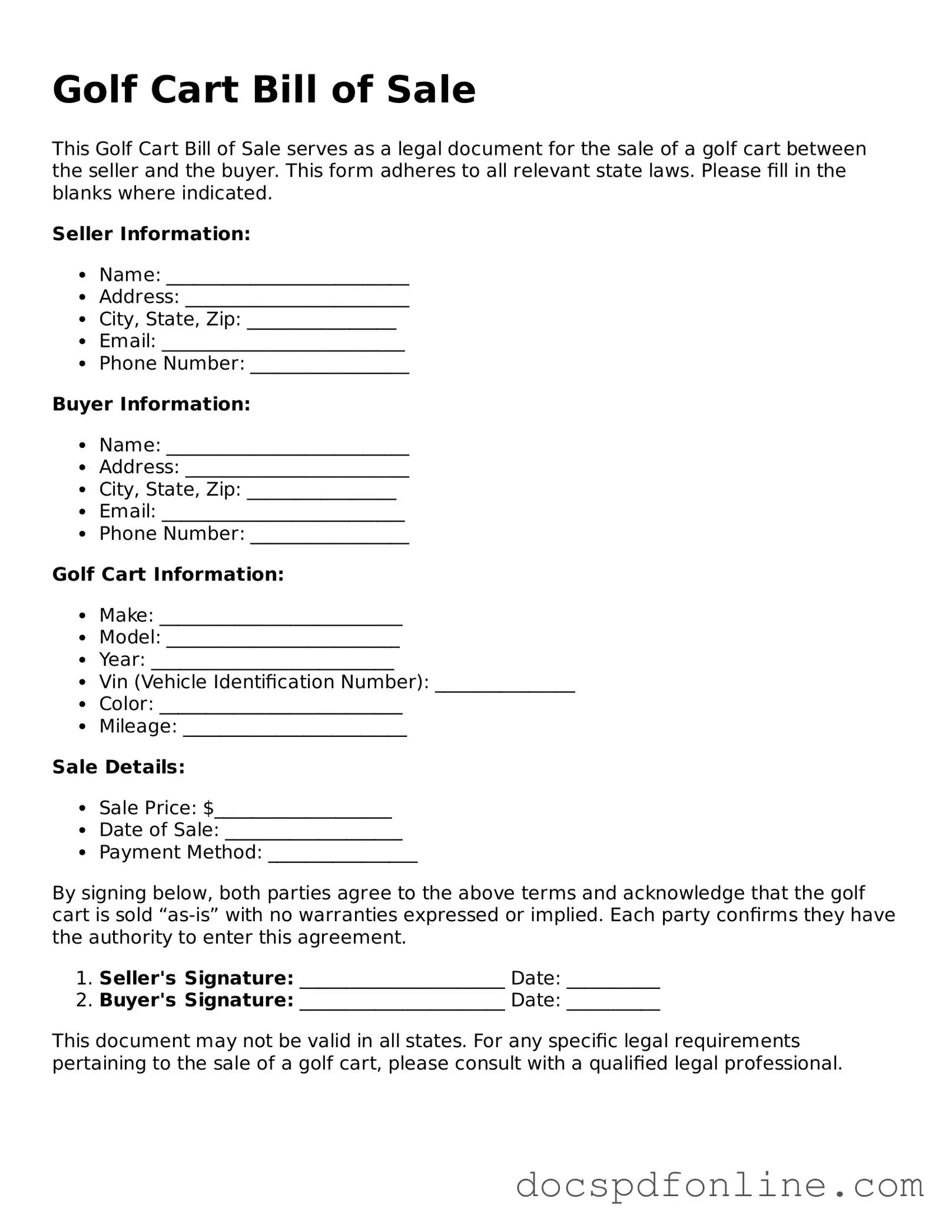 Attorney-Approved Golf Cart Bill of Sale Document