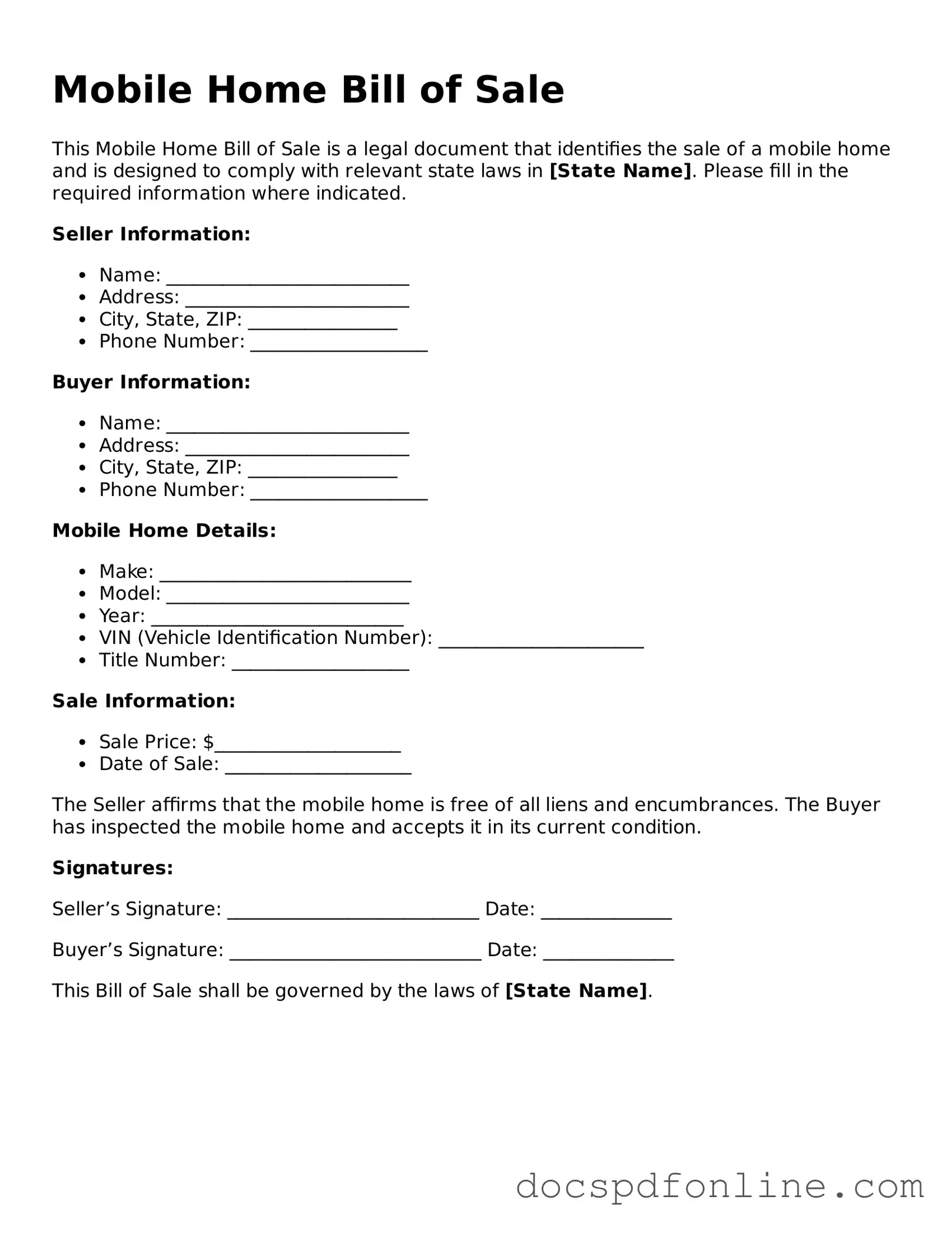 Attorney-Approved Mobile Home Bill of Sale Document