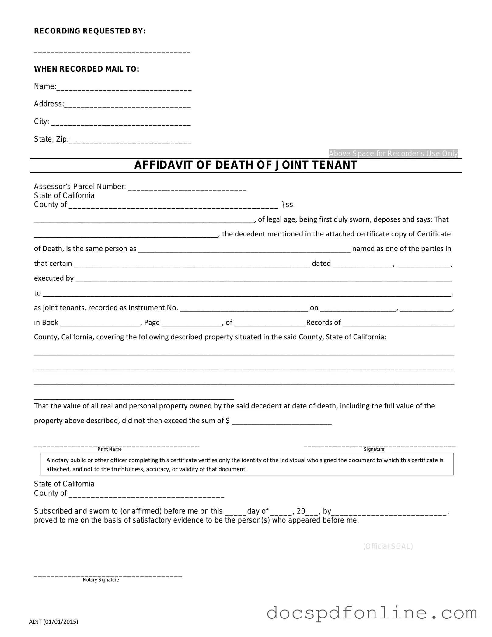 Fill Your California Death of a Joint Tenant Affidavit Form