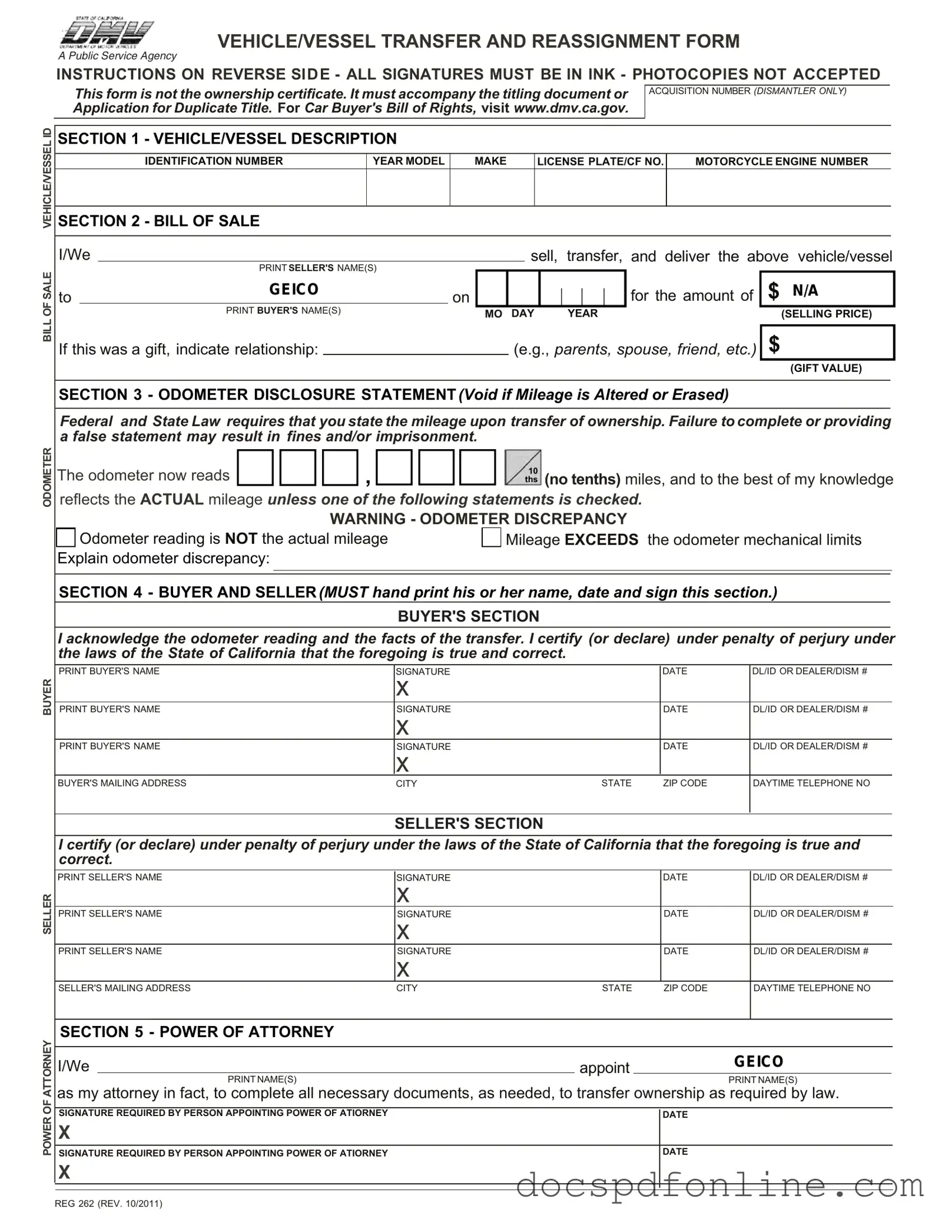 Fill Your California Fotm Reg 262 Form