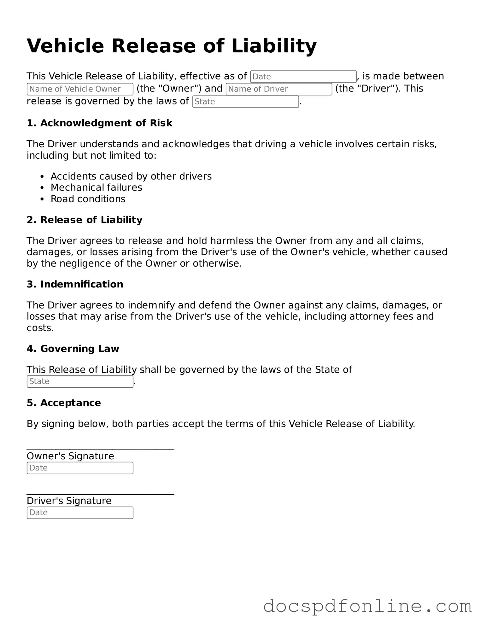 Attorney-Approved Vehicle Release of Liability Document