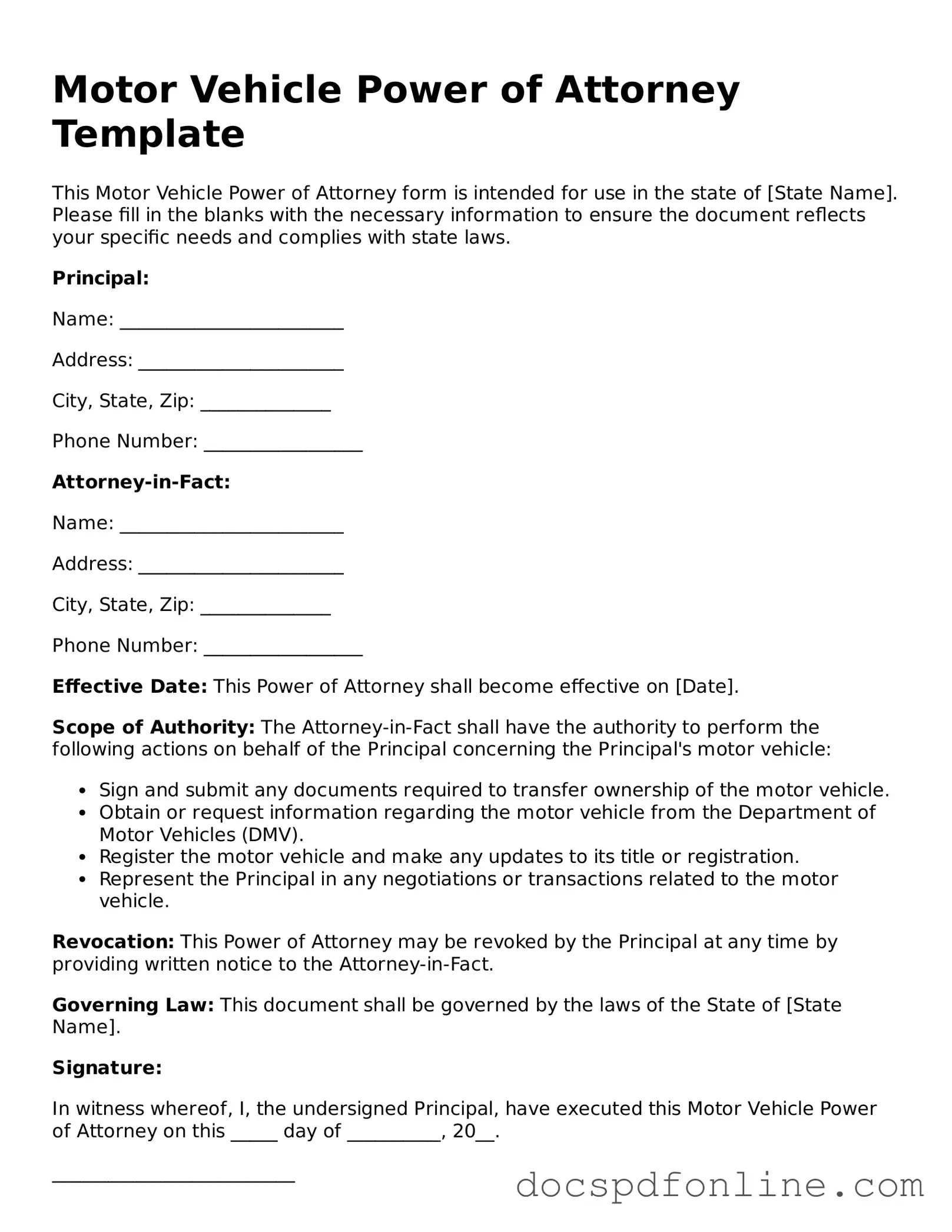 Attorney-Approved Motor Vehicle Power of Attorney Document