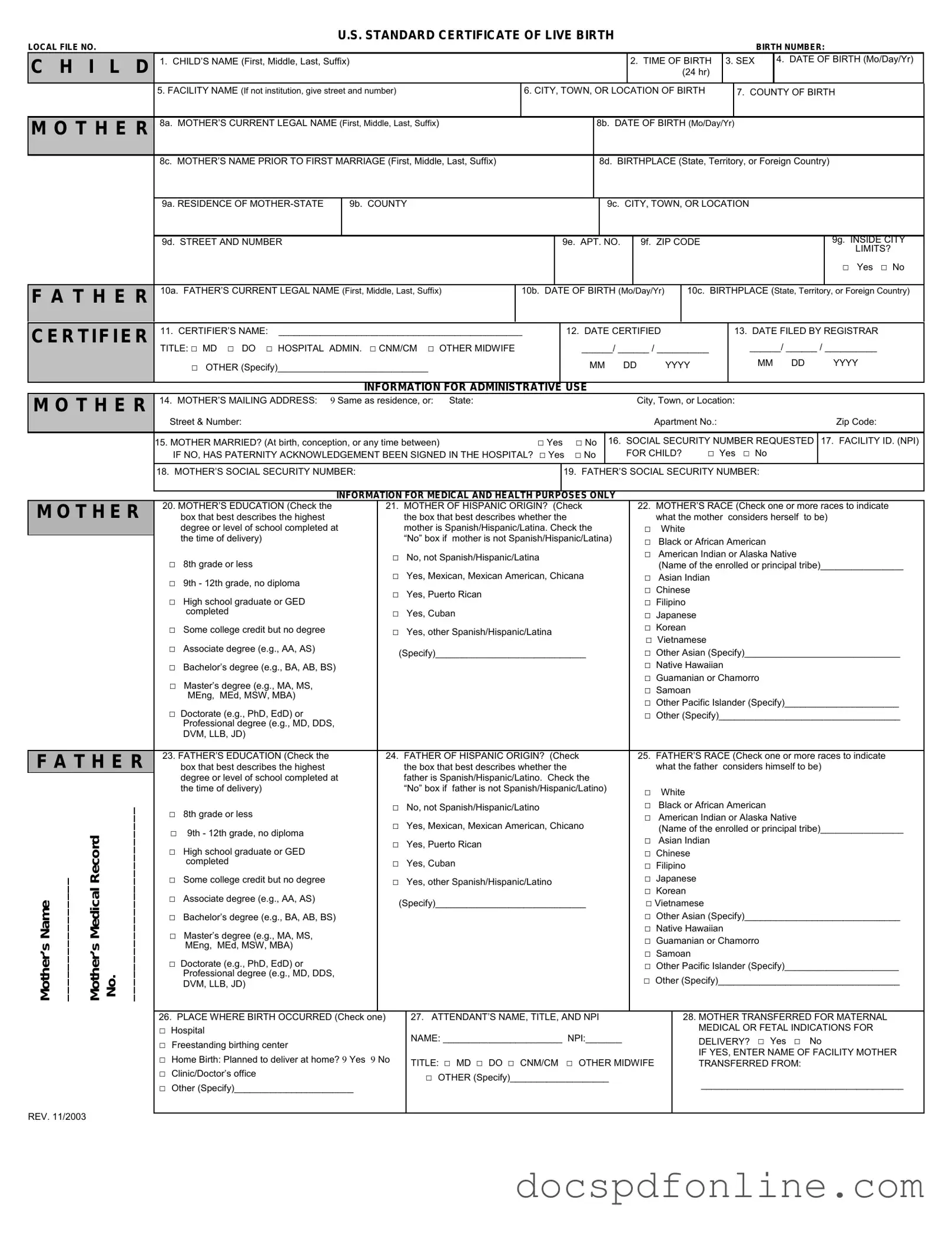 Fill Your CDC U.S. Standard Certificate of Live Birth Form