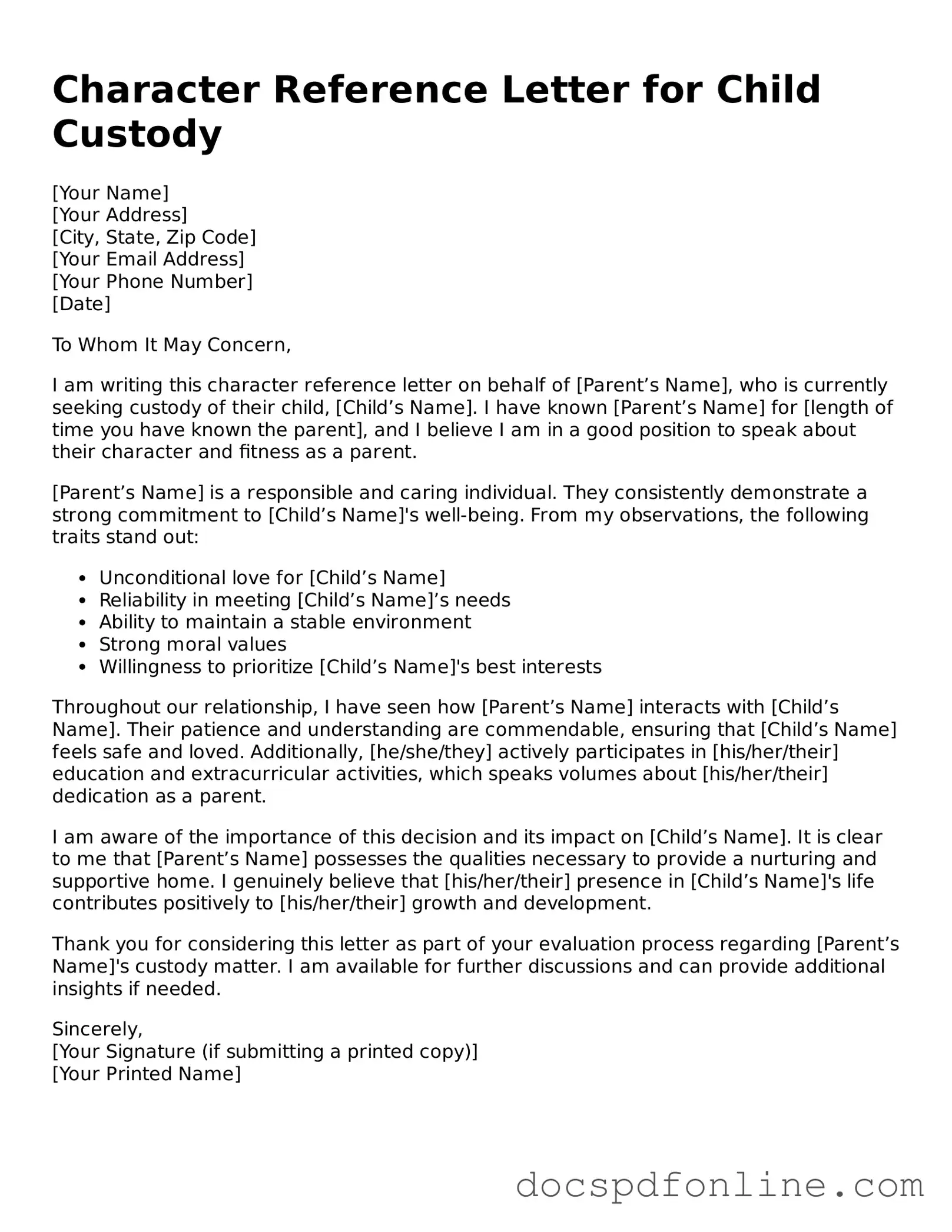 Attorney-Approved Character Reference Letter for Child Custody Document