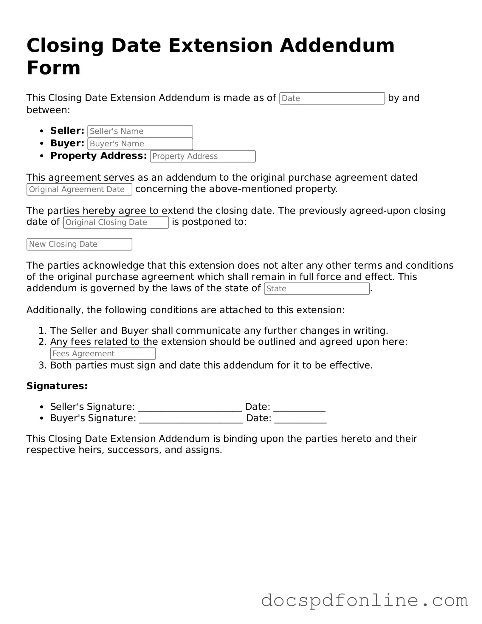 Attorney-Approved Closing Date Extension Addendum Form Document