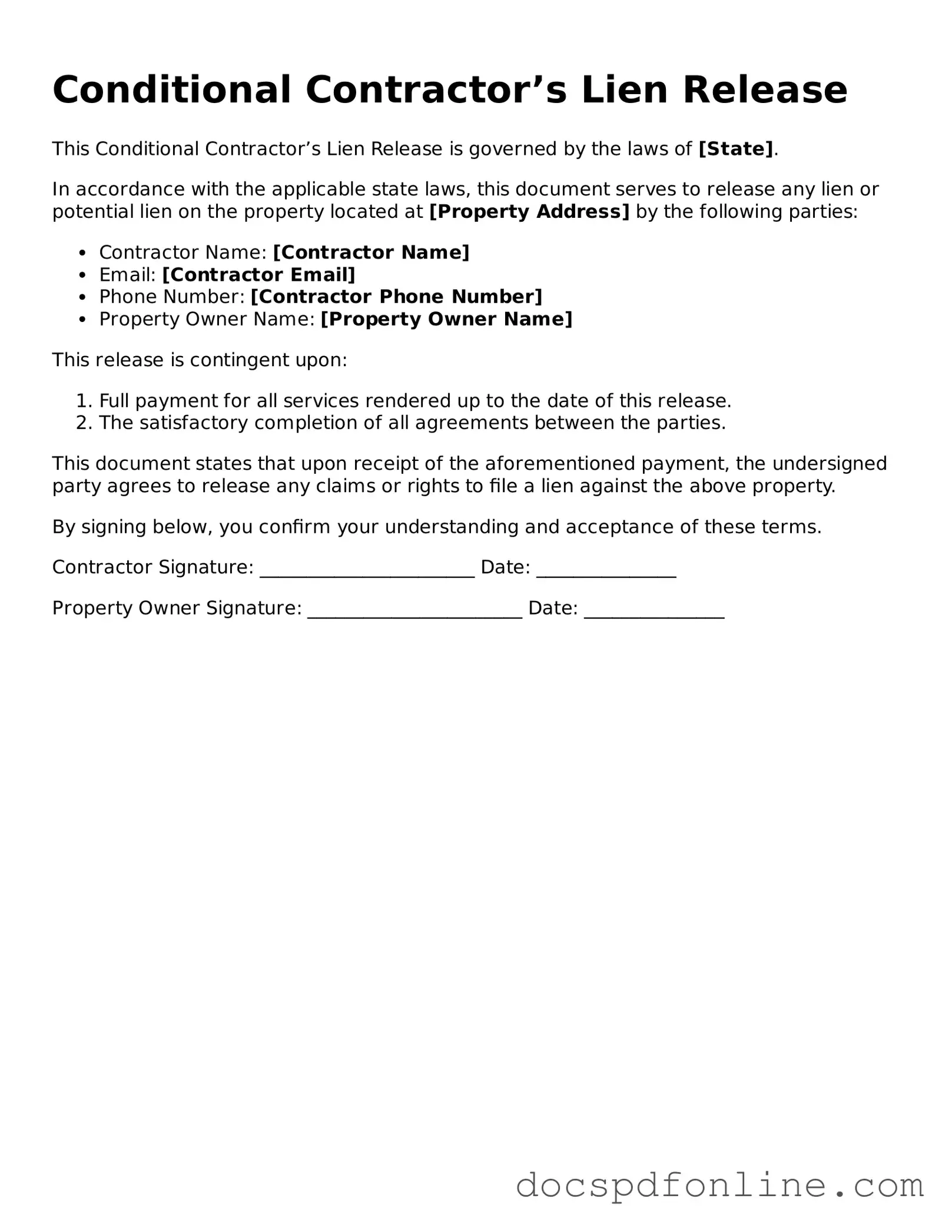 Attorney-Approved Conditional Contractor’s Lien Release Document