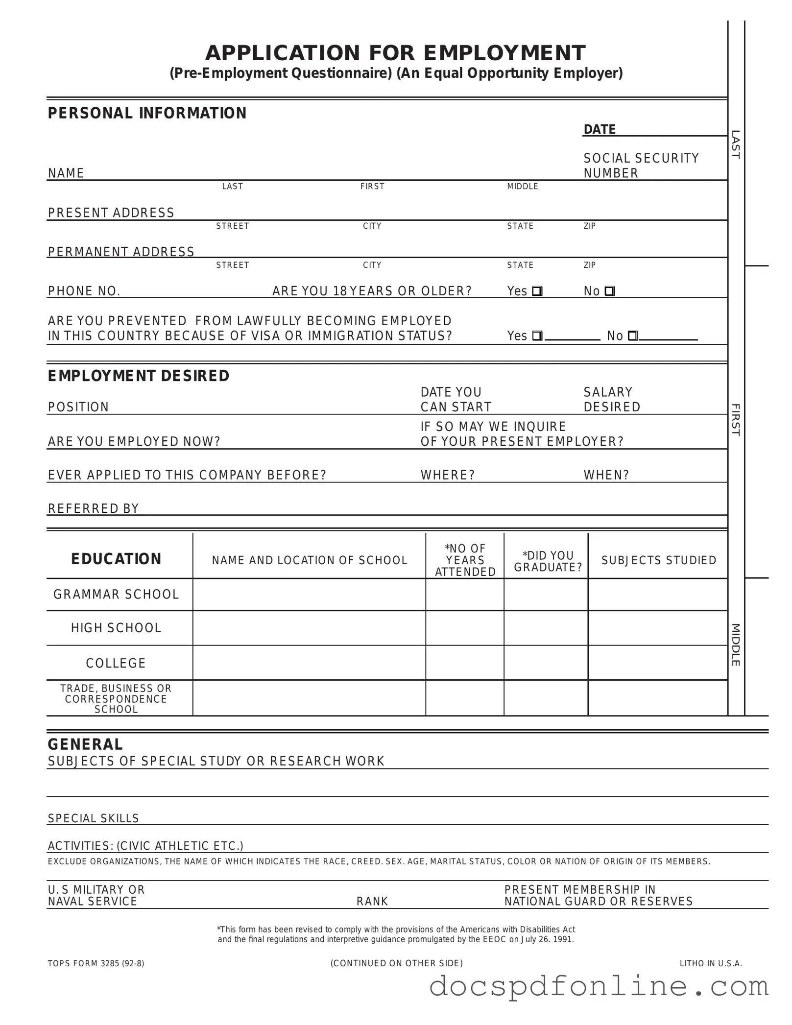Fill Your Employment Application Pdf Form