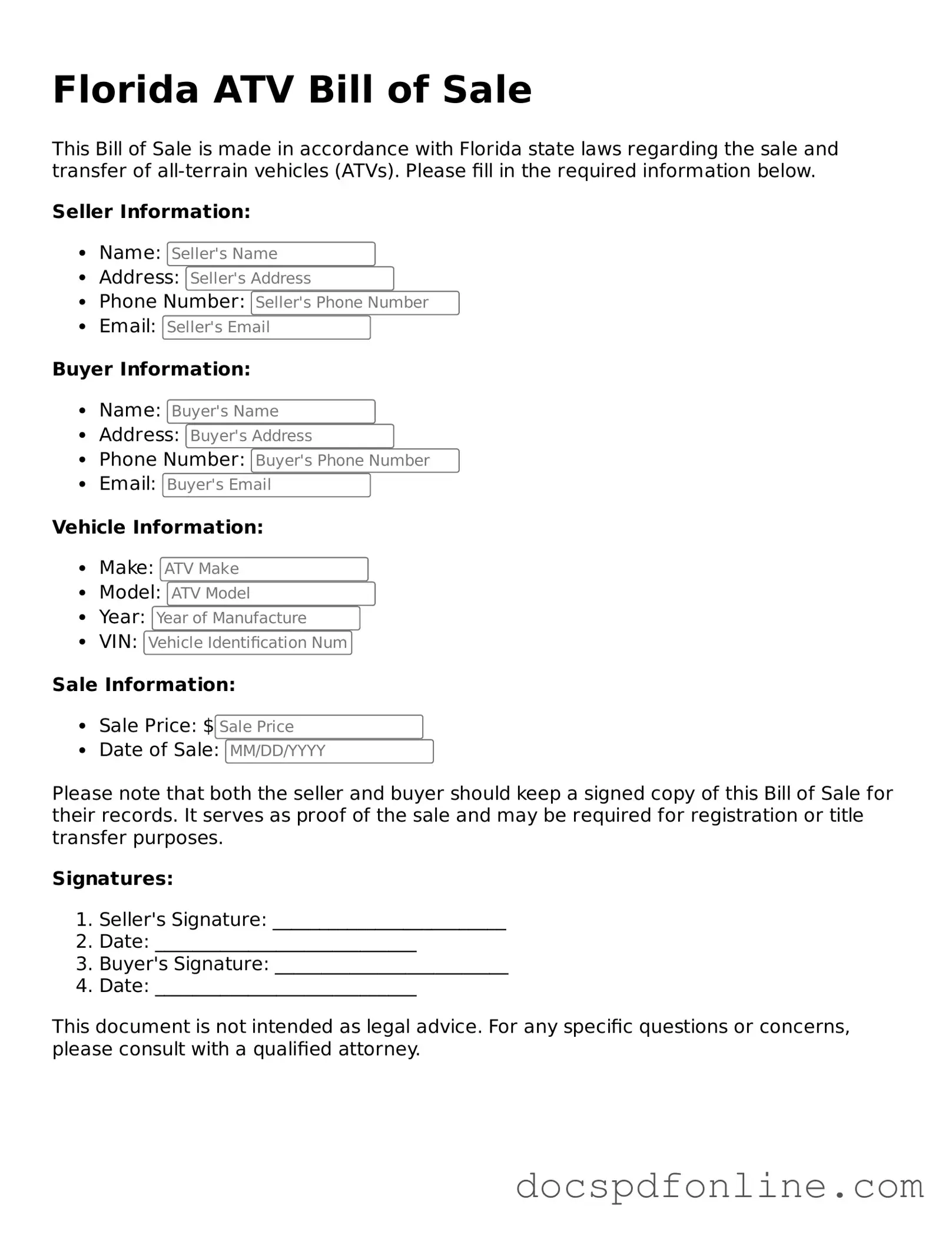 Legal ATV Bill of Sale Template for Florida