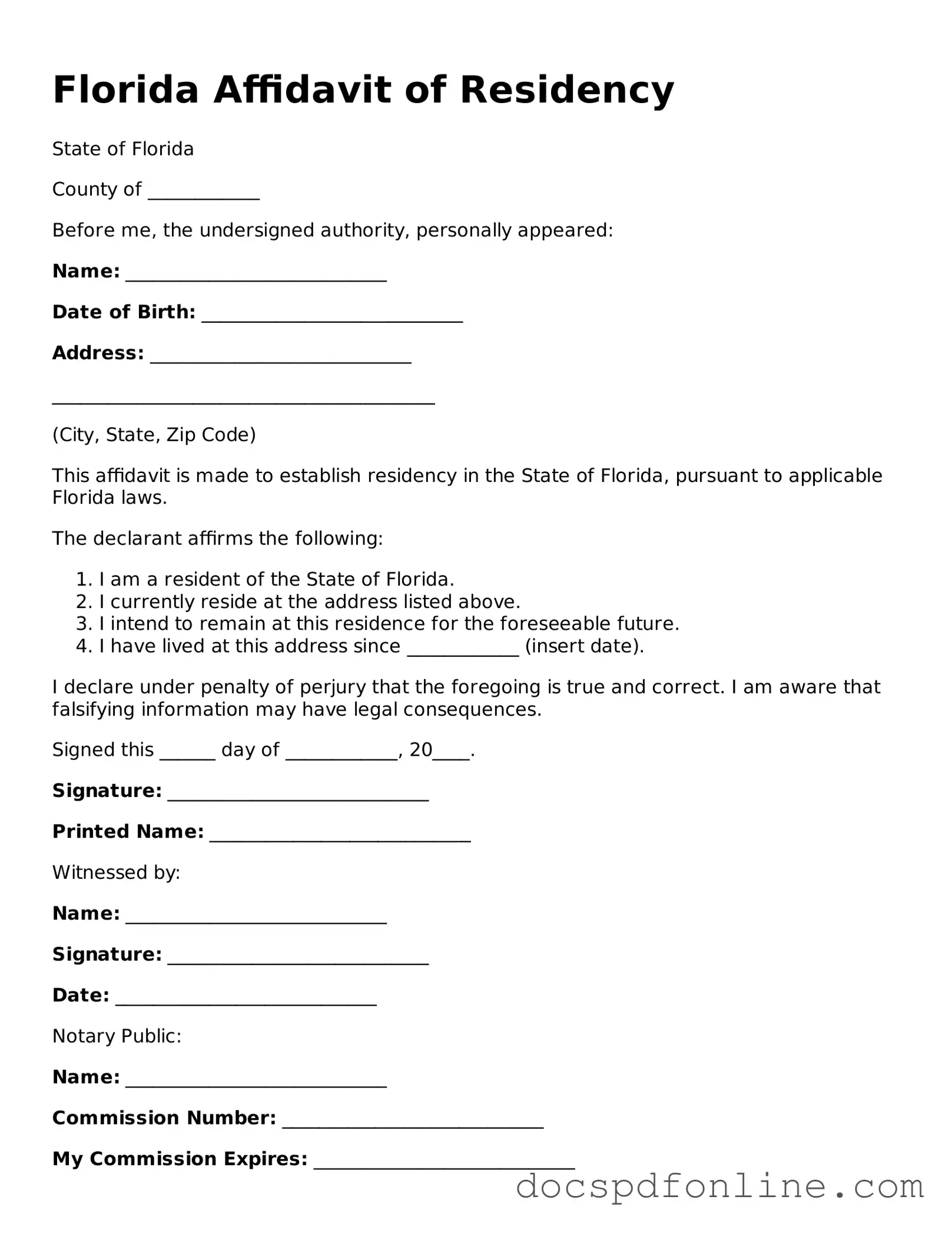 Legal  Affidavit of Residency Template for Florida