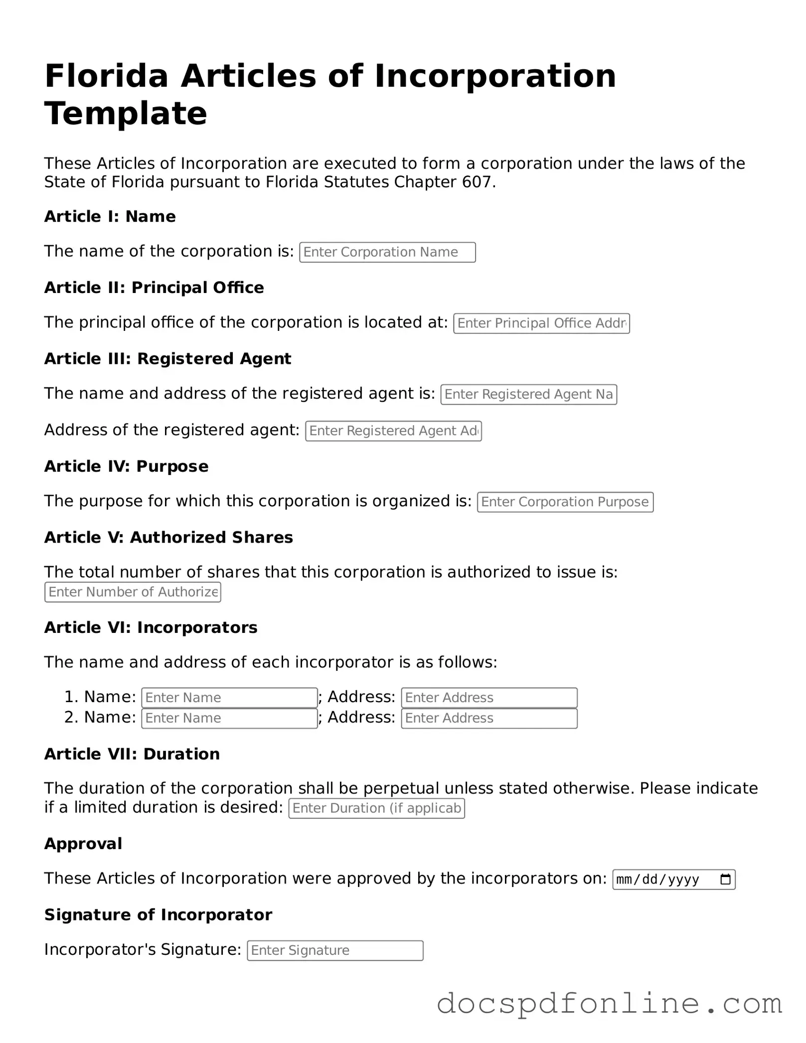 Legal Articles of Incorporation Template for Florida