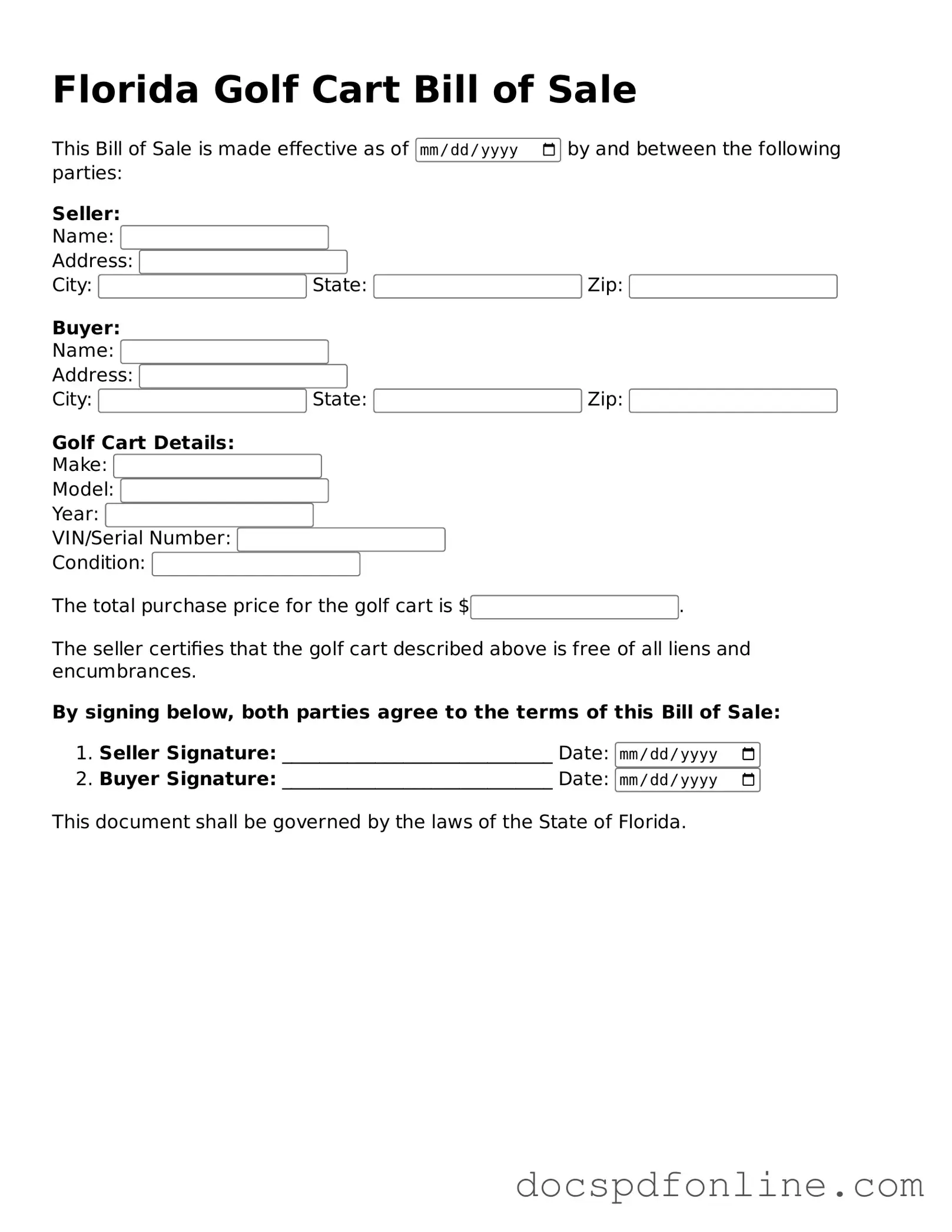 Legal Golf Cart Bill of Sale Template for Florida