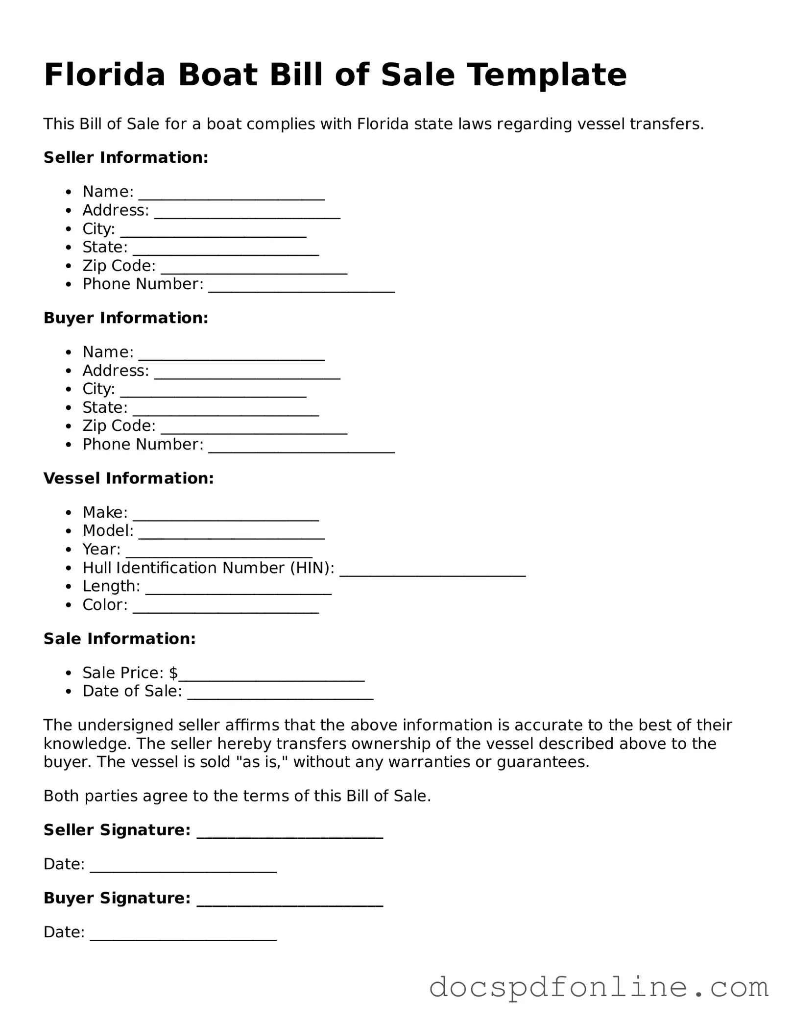 Legal  Boat Bill of Sale Template for Florida