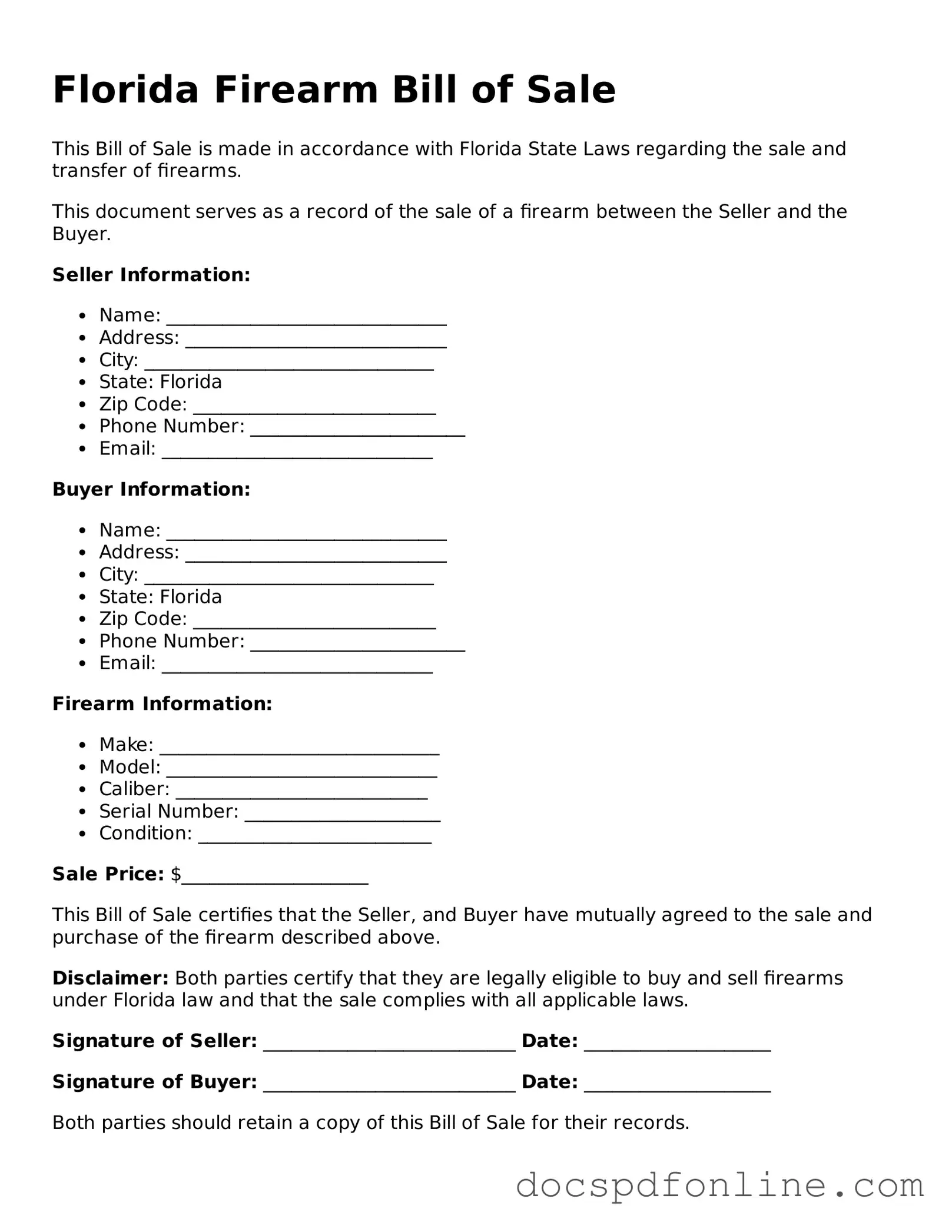 Legal  Firearm Bill of Sale Template for Florida