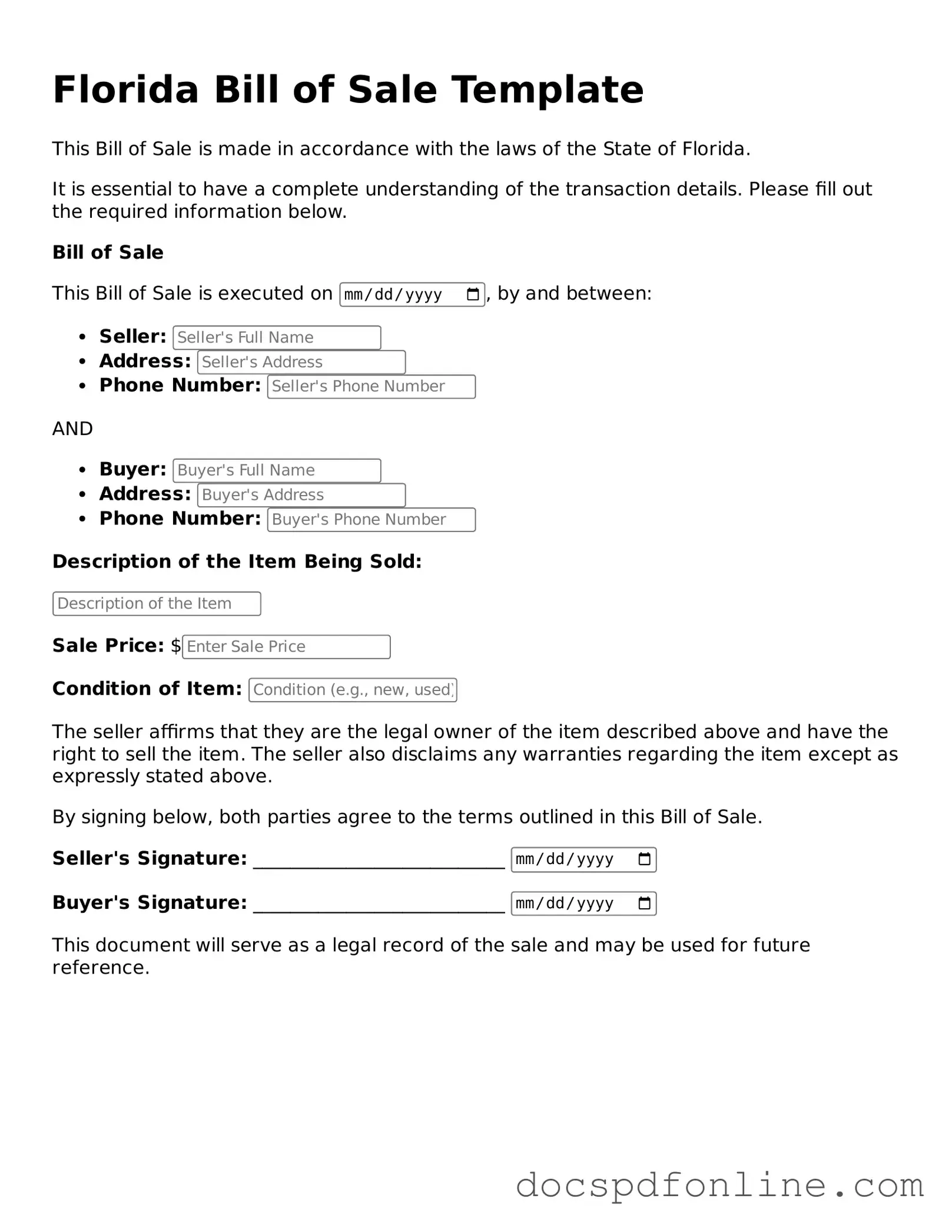 Legal Bill of Sale Template for Florida