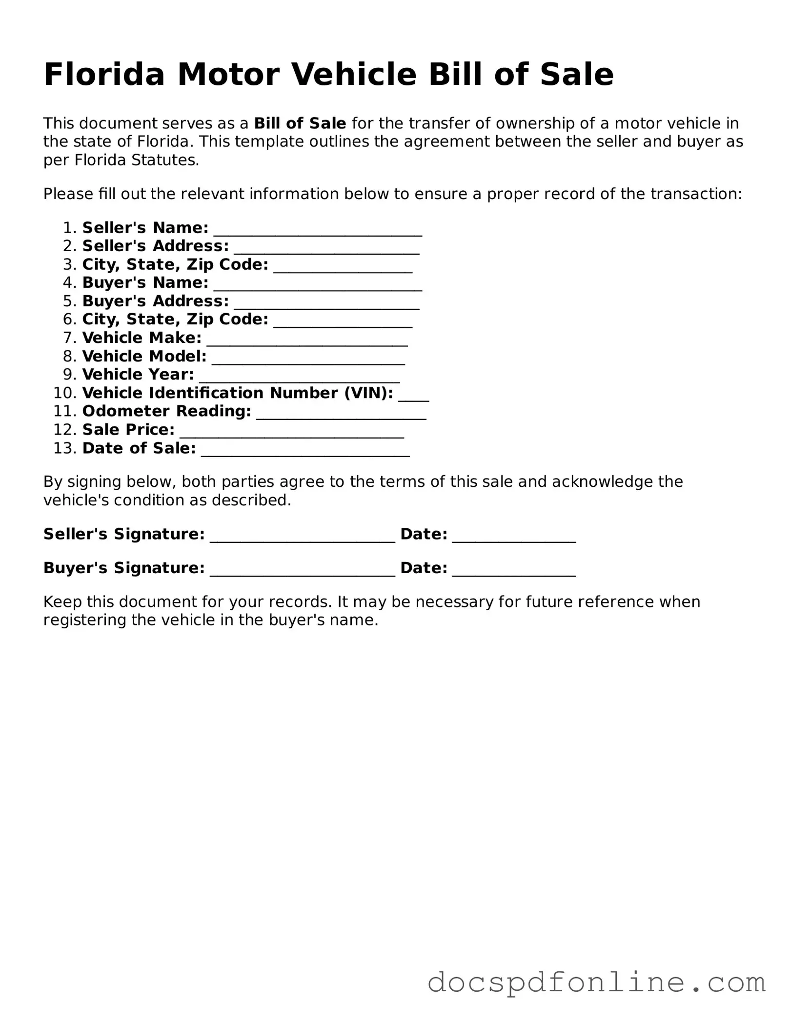 Legal  Motor Vehicle Bill of Sale Template for Florida