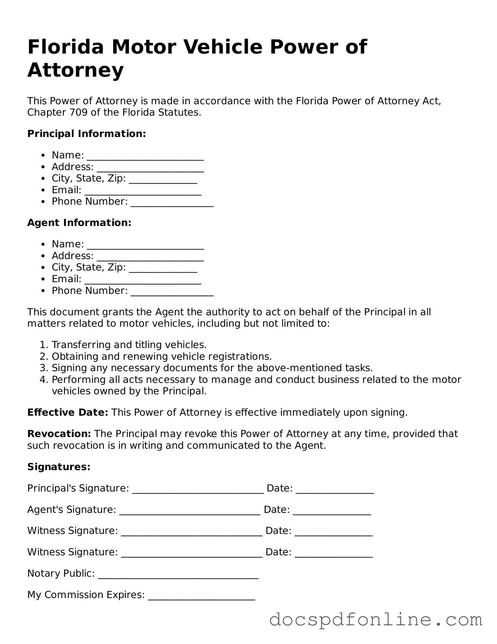 Legal  Motor Vehicle Power of Attorney Template for Florida