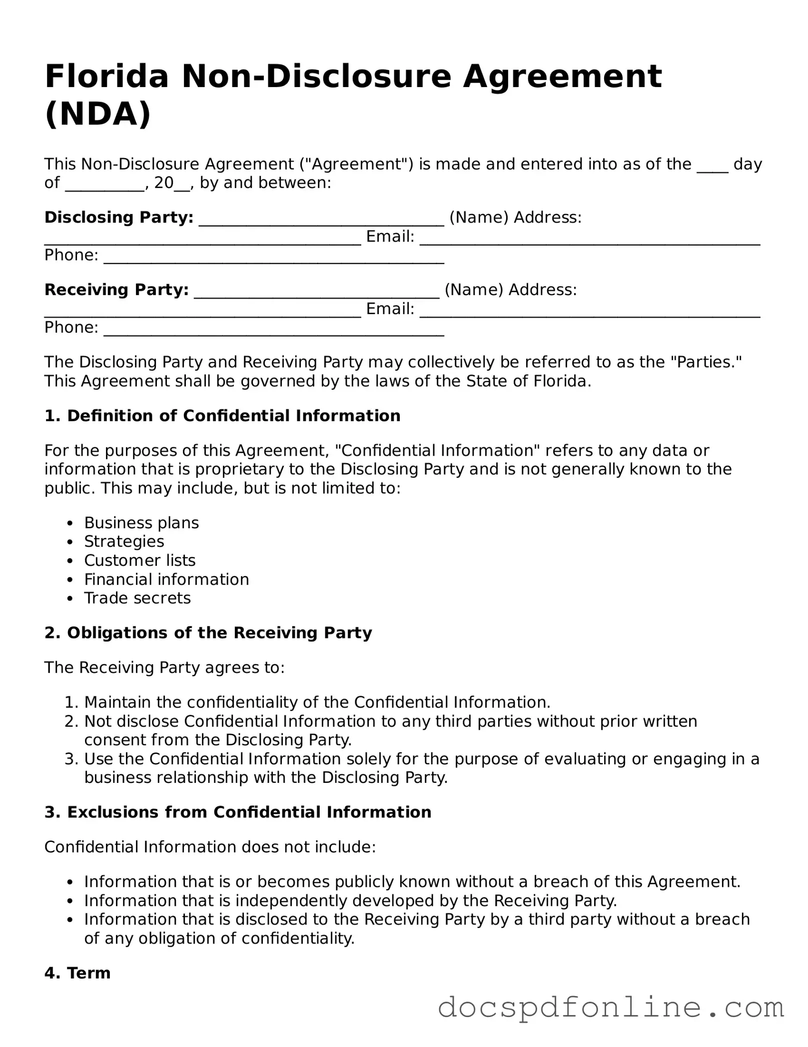 Legal  Non-disclosure Agreement Template for Florida