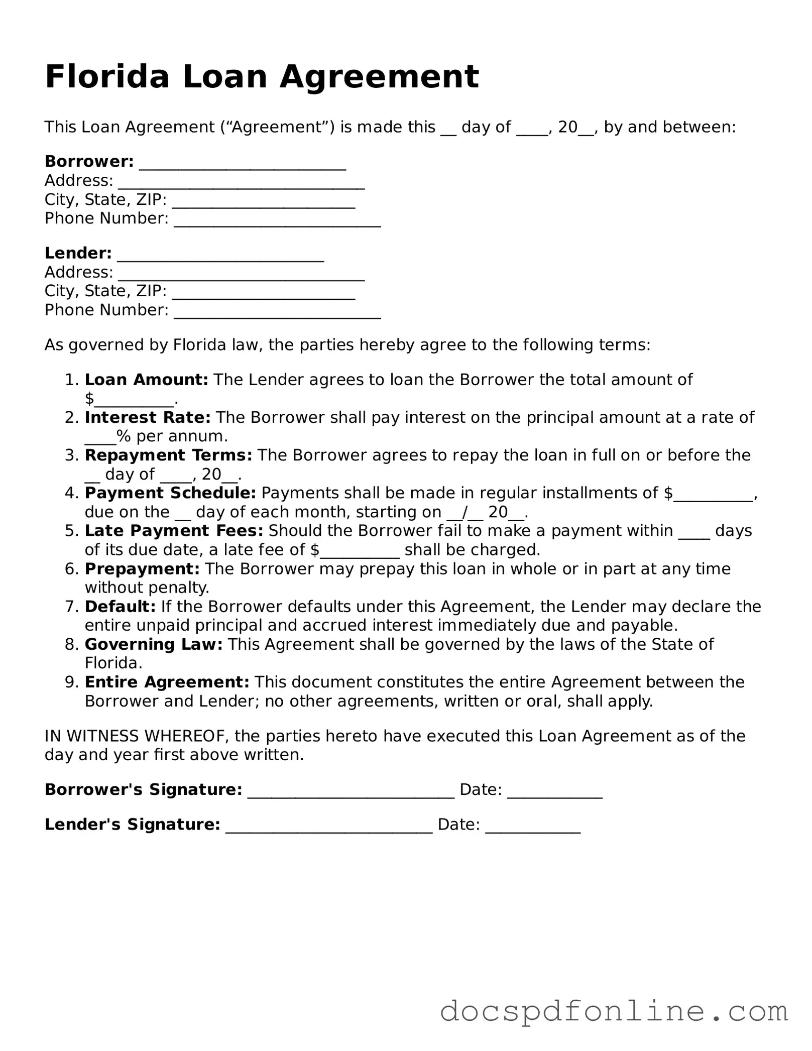 Legal  Loan Agreement Template for Florida