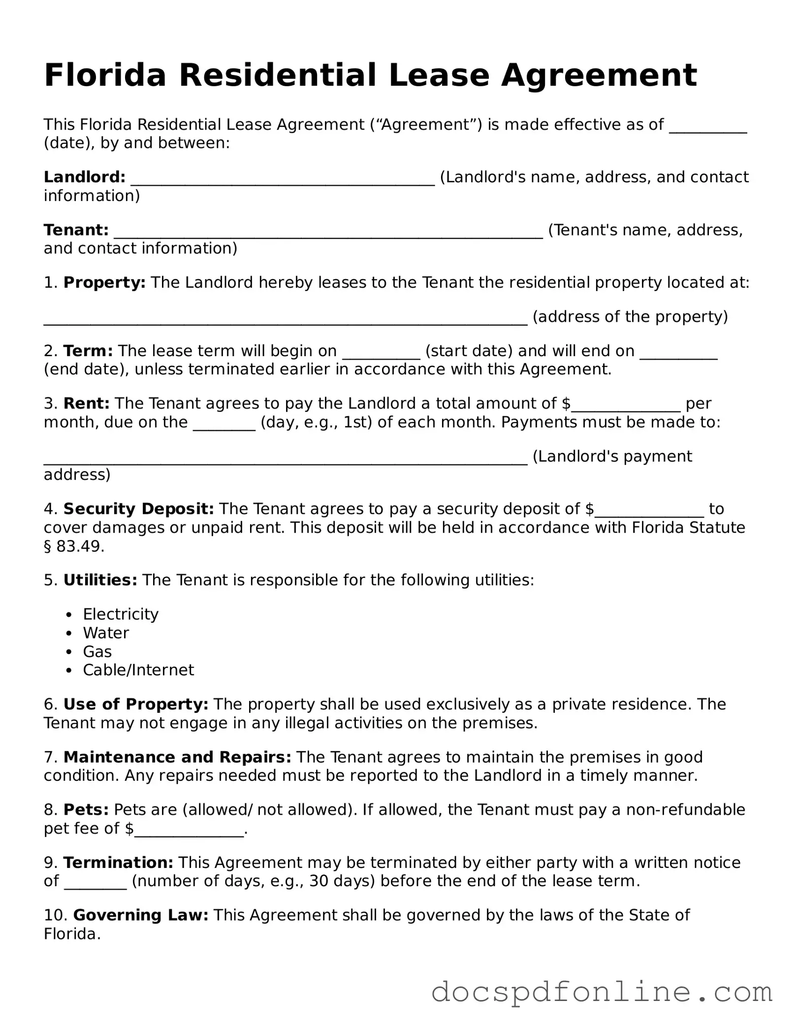 Legal  Residential Lease Agreement Template for Florida