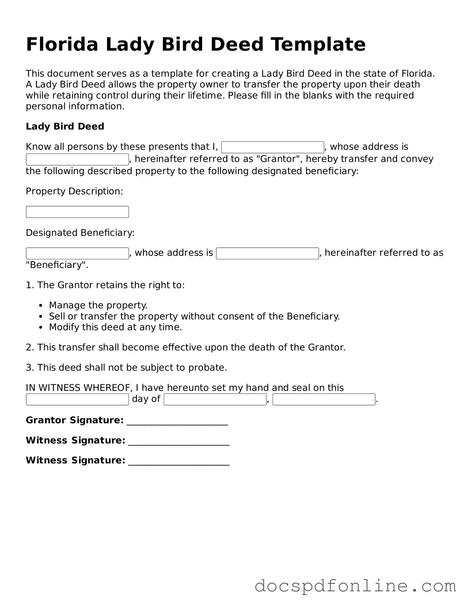 Legal Lady Bird Deed Template for Florida