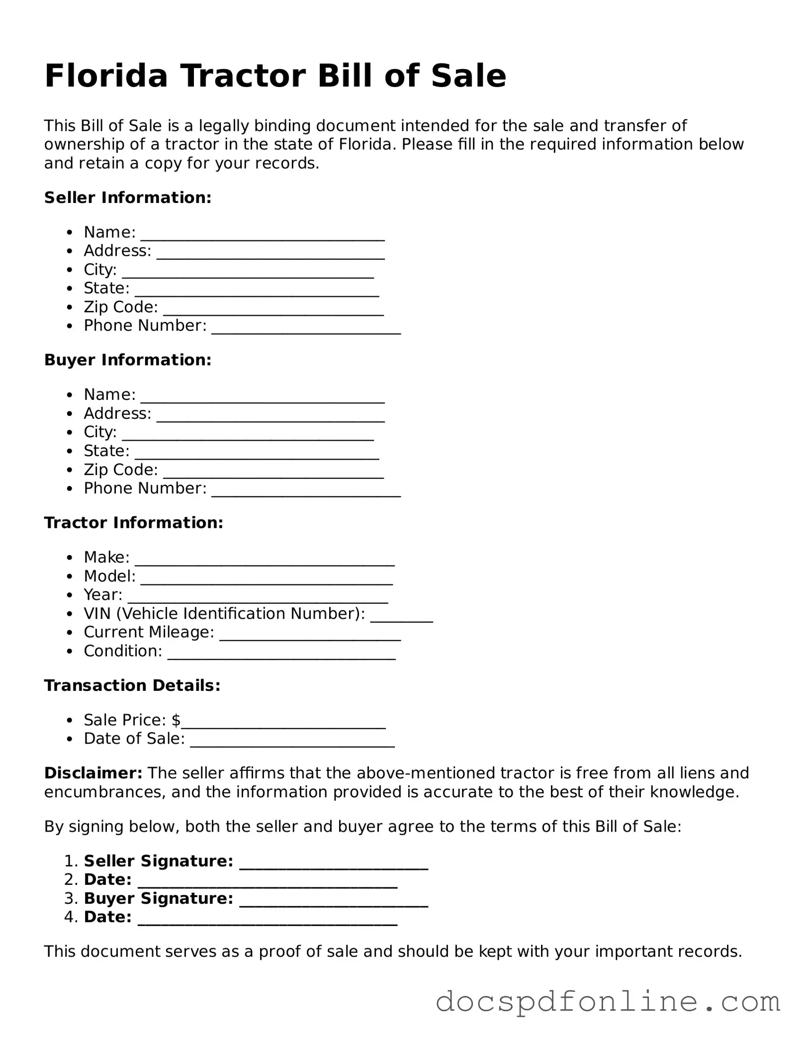 Legal  Tractor Bill of Sale Template for Florida
