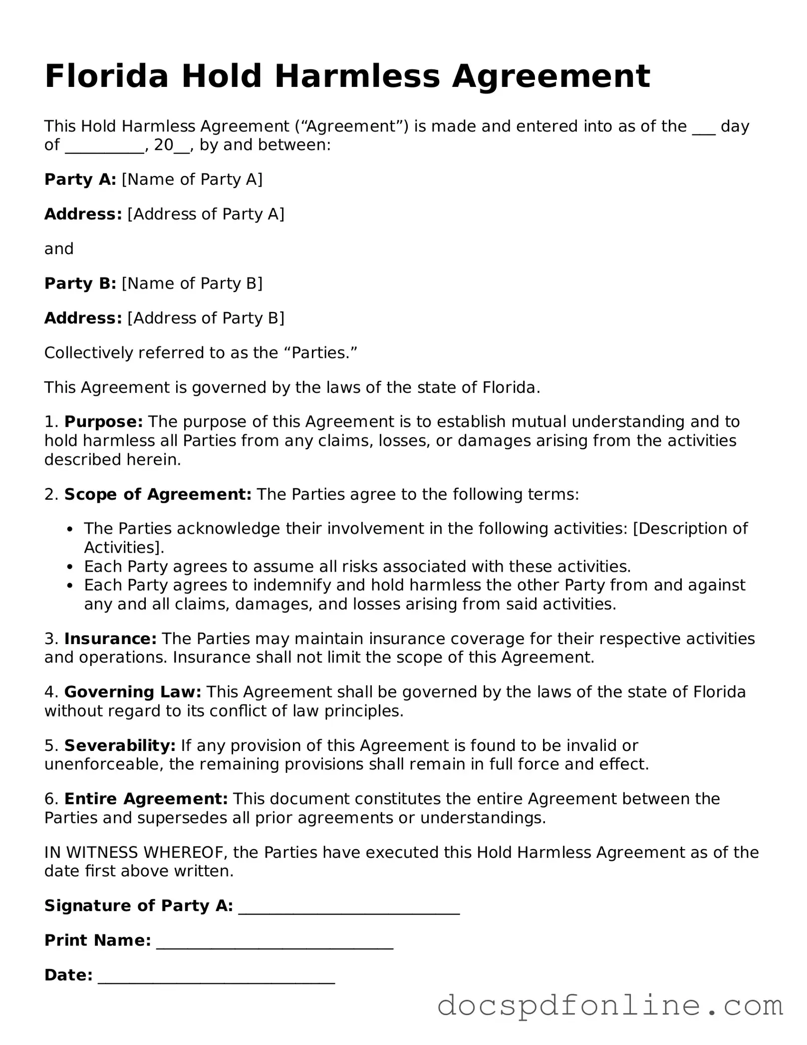 Legal  Hold Harmless Agreement Template for Florida