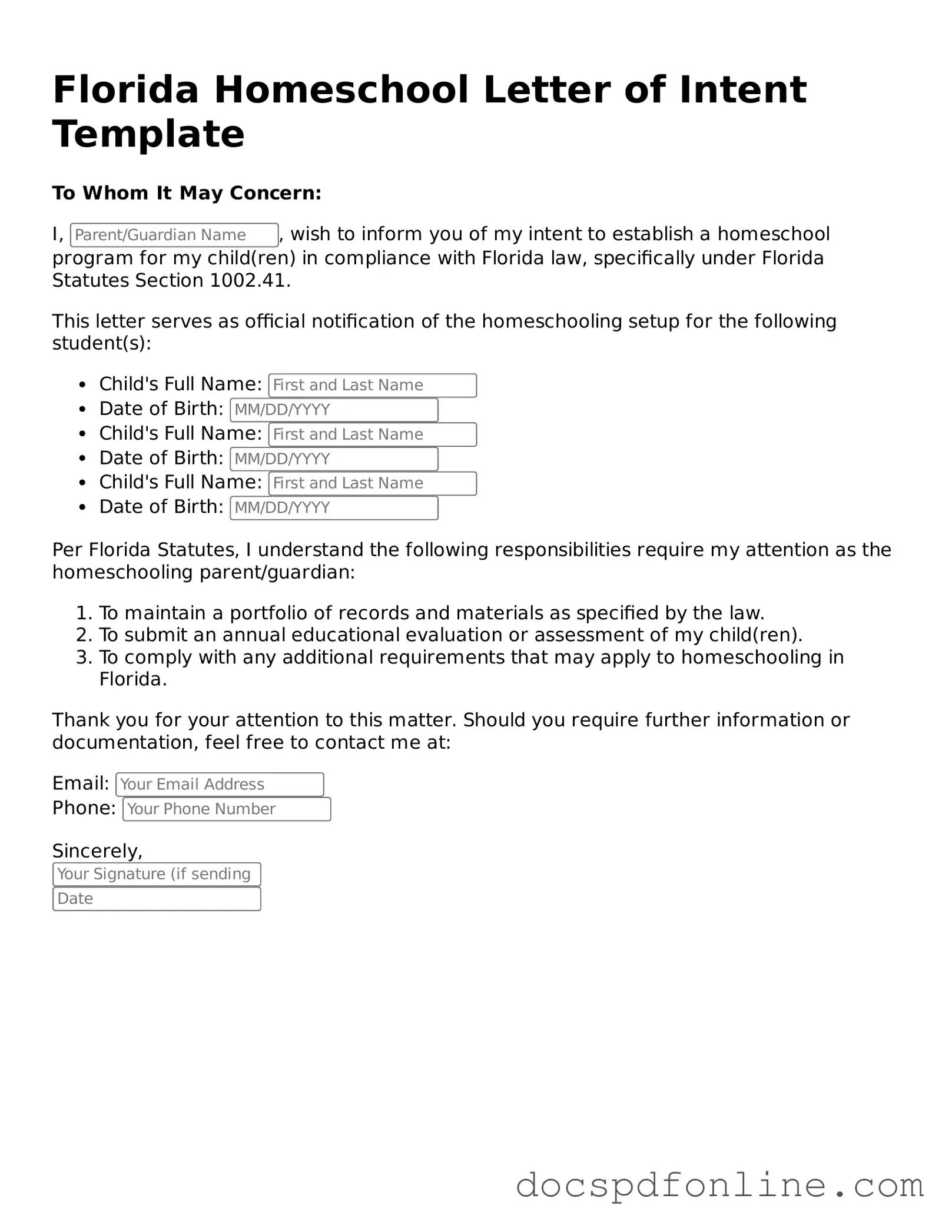 Legal Homeschool Letter of Intent Template for Florida