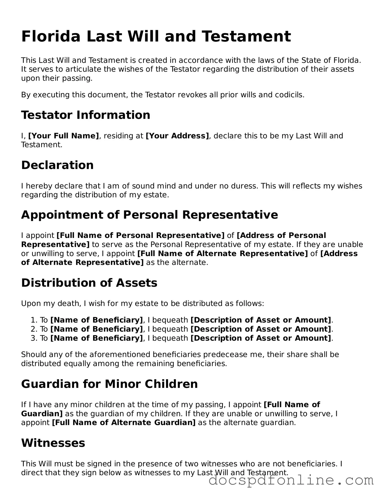 Legal  Last Will and Testament Template for Florida