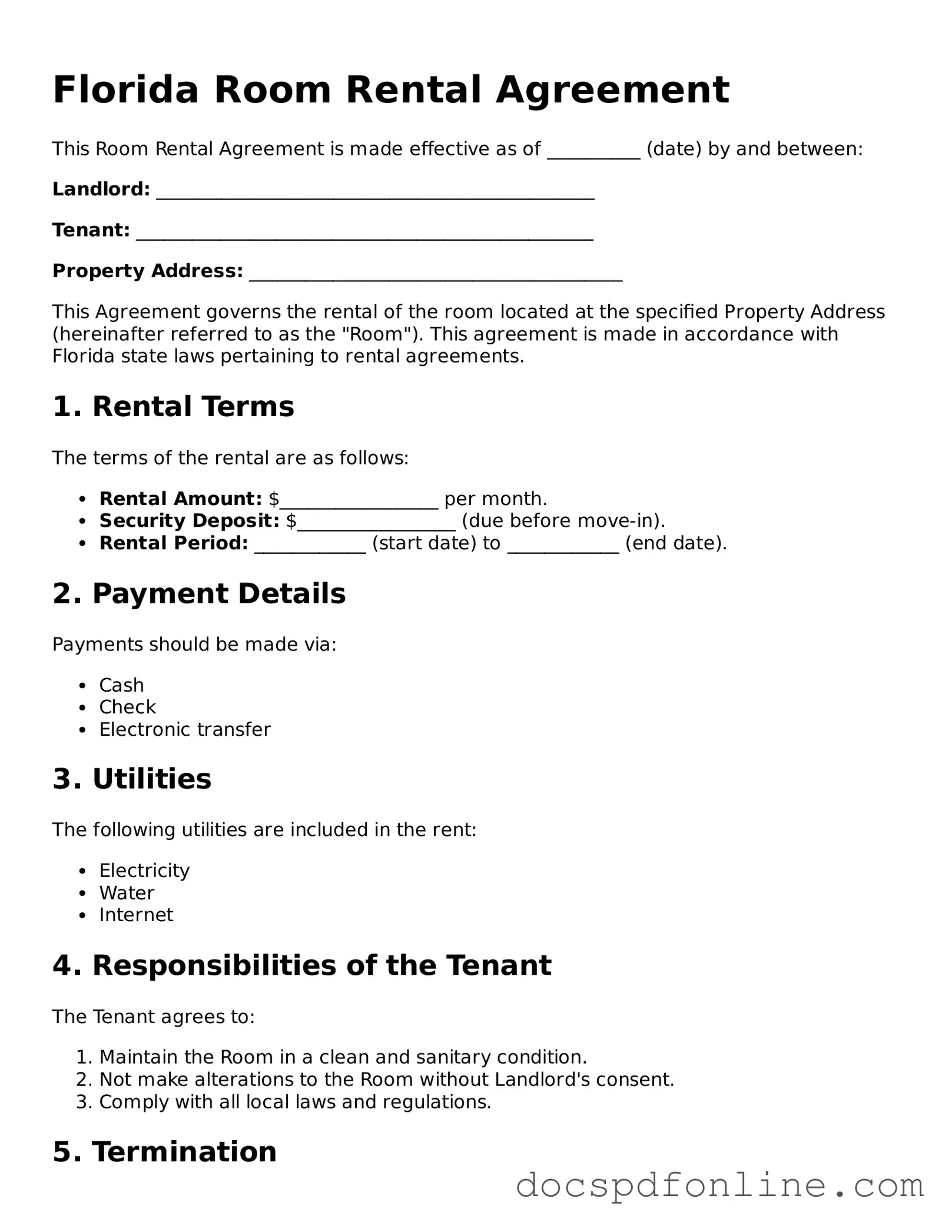 Legal  Room Rental Agreement Template for Florida