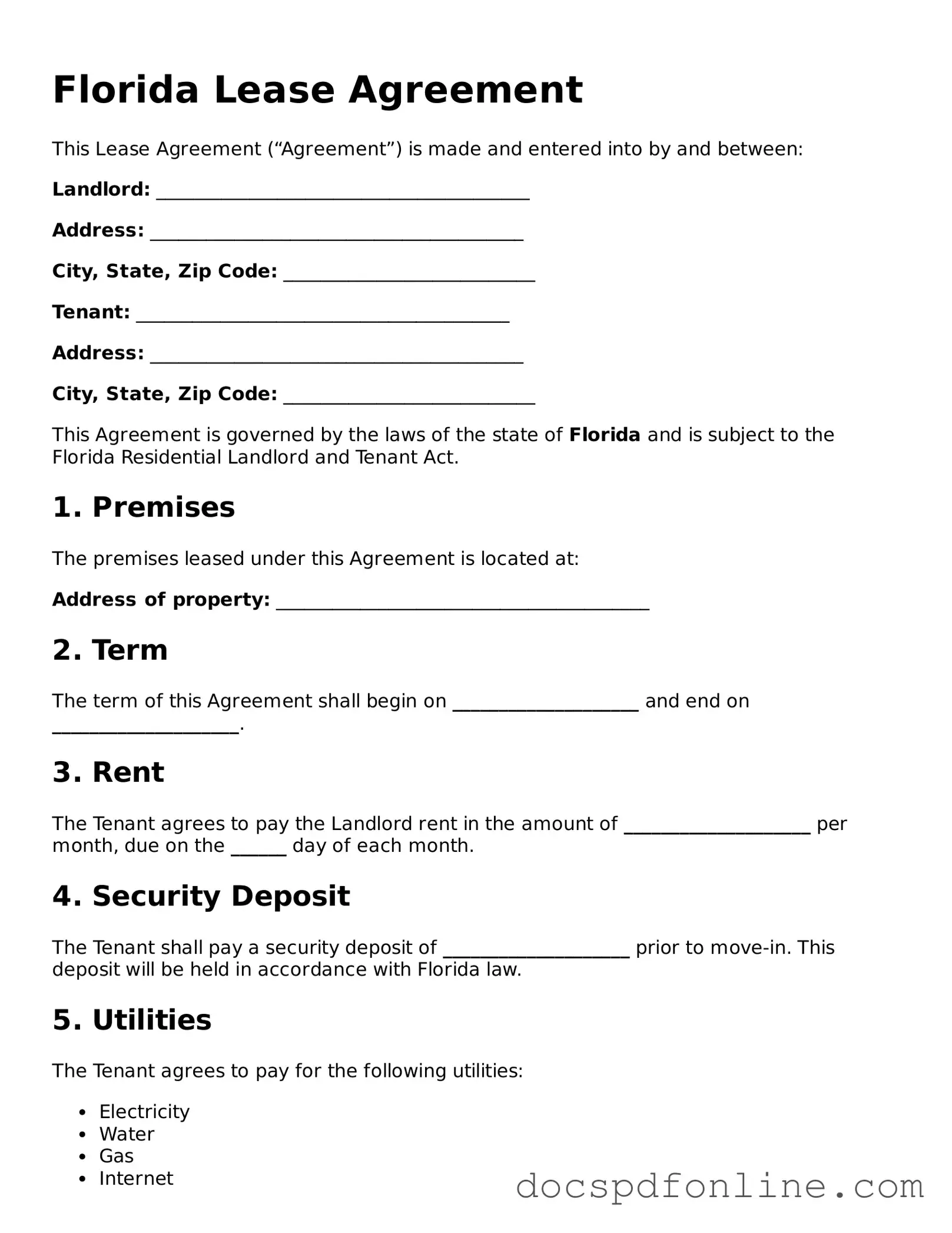 Legal  Lease Agreement Template for Florida