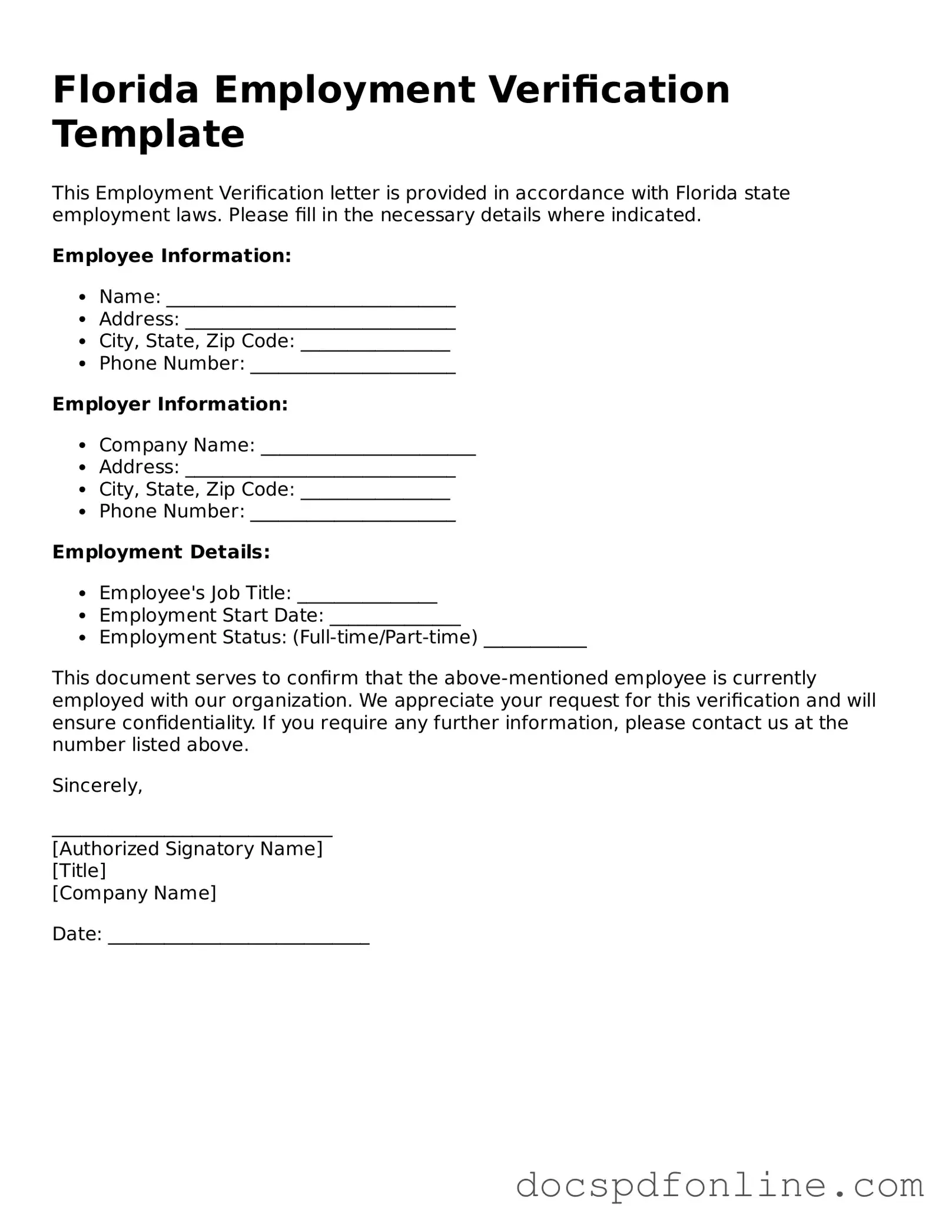 Legal Employment Verification Template for Florida