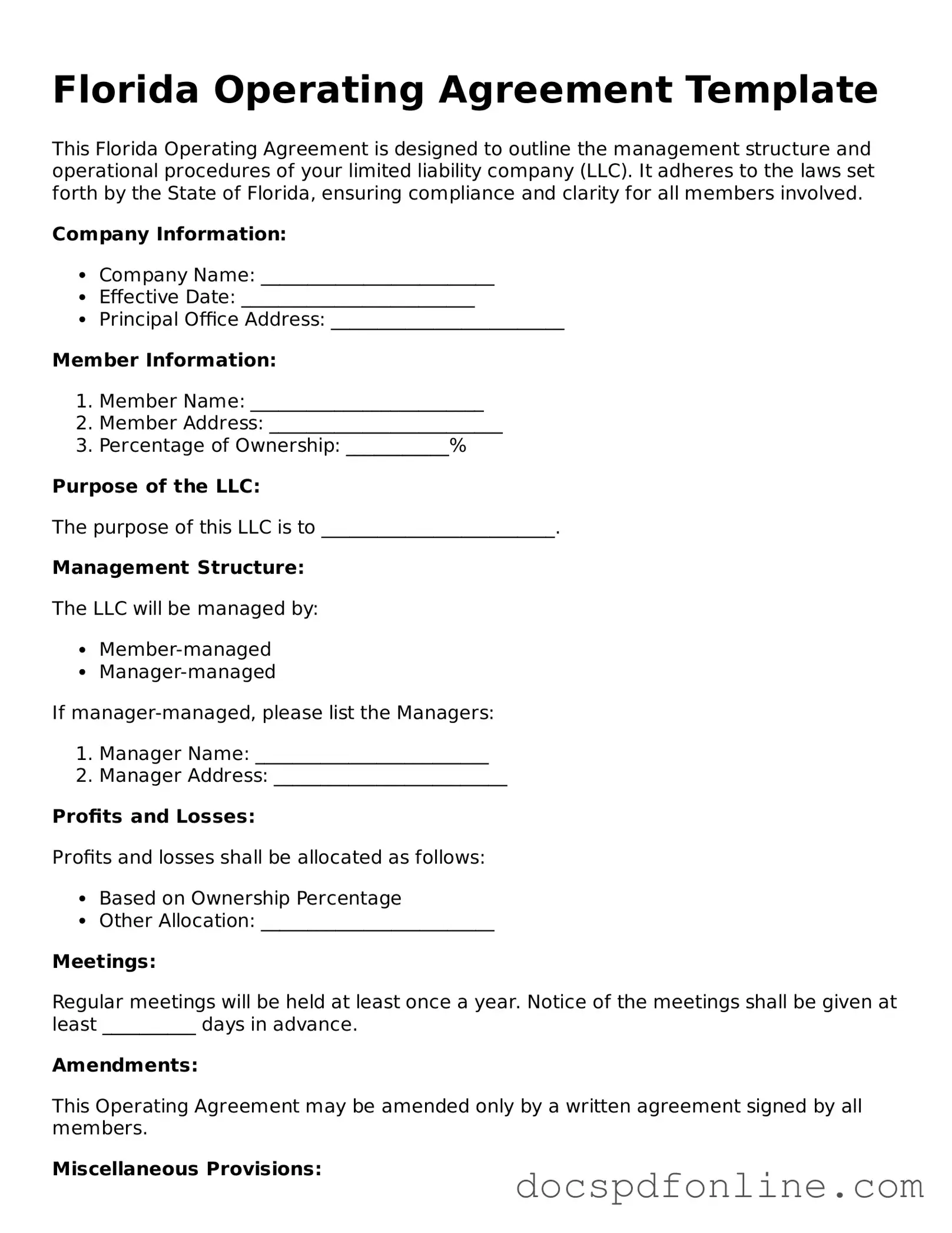 Legal  Operating Agreement Template for Florida