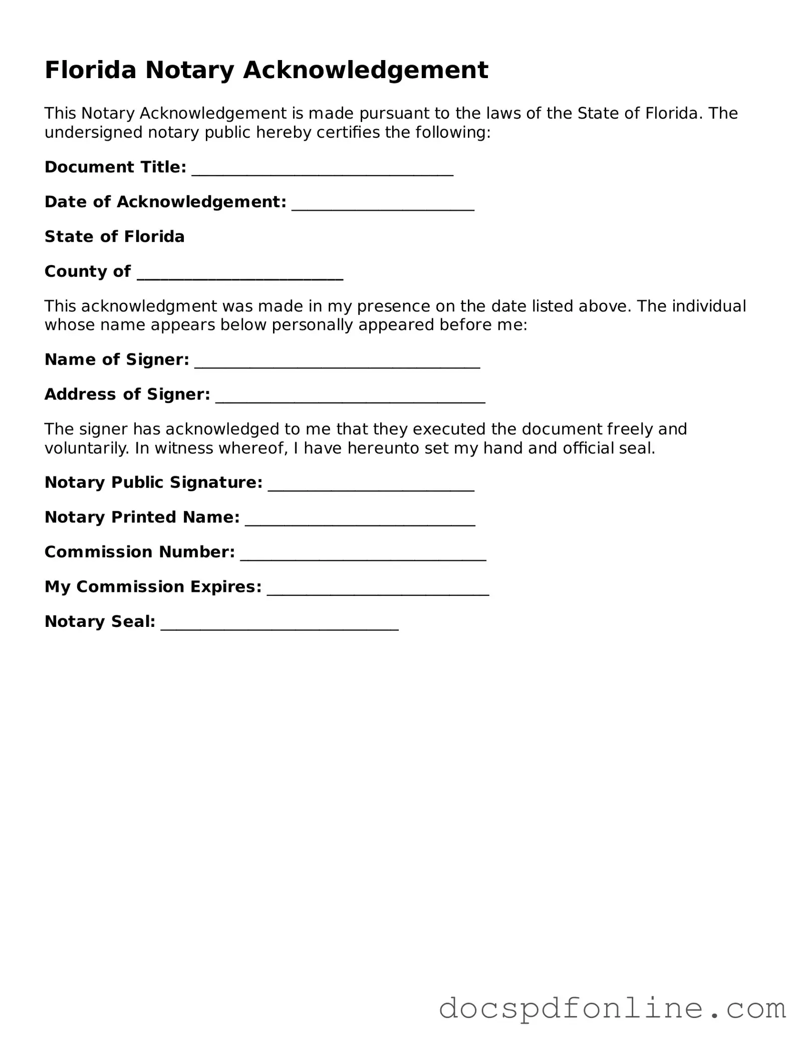 Legal Notary Acknowledgement Template for Florida