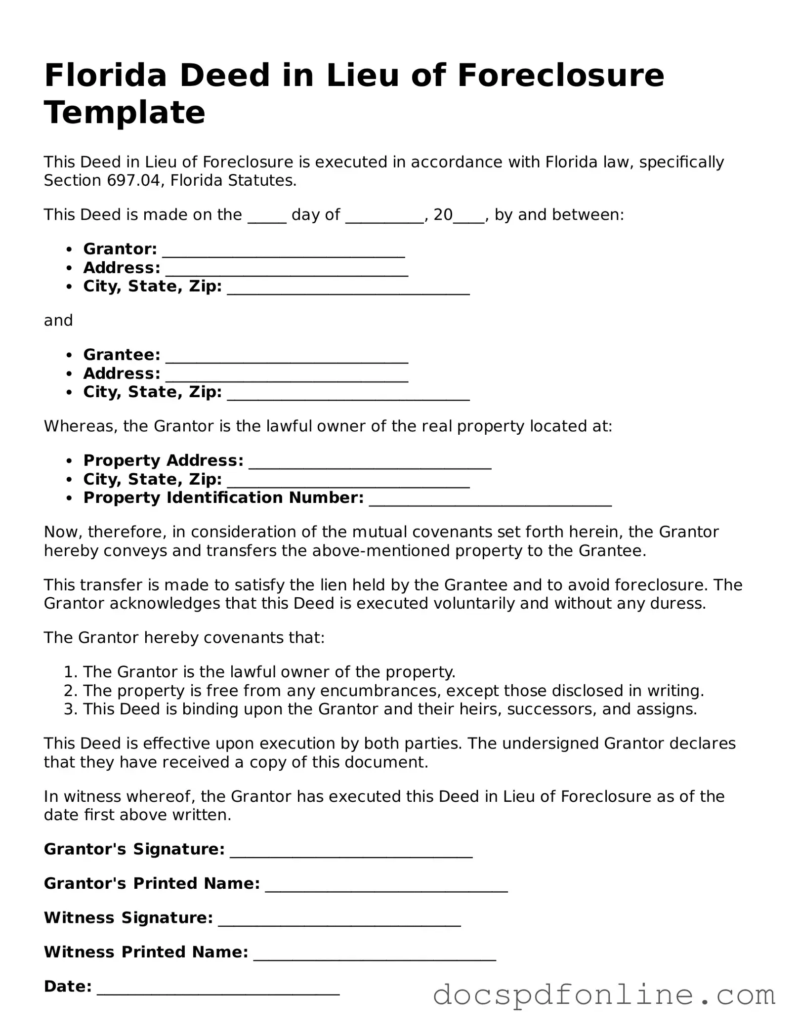 Legal  Deed in Lieu of Foreclosure Template for Florida