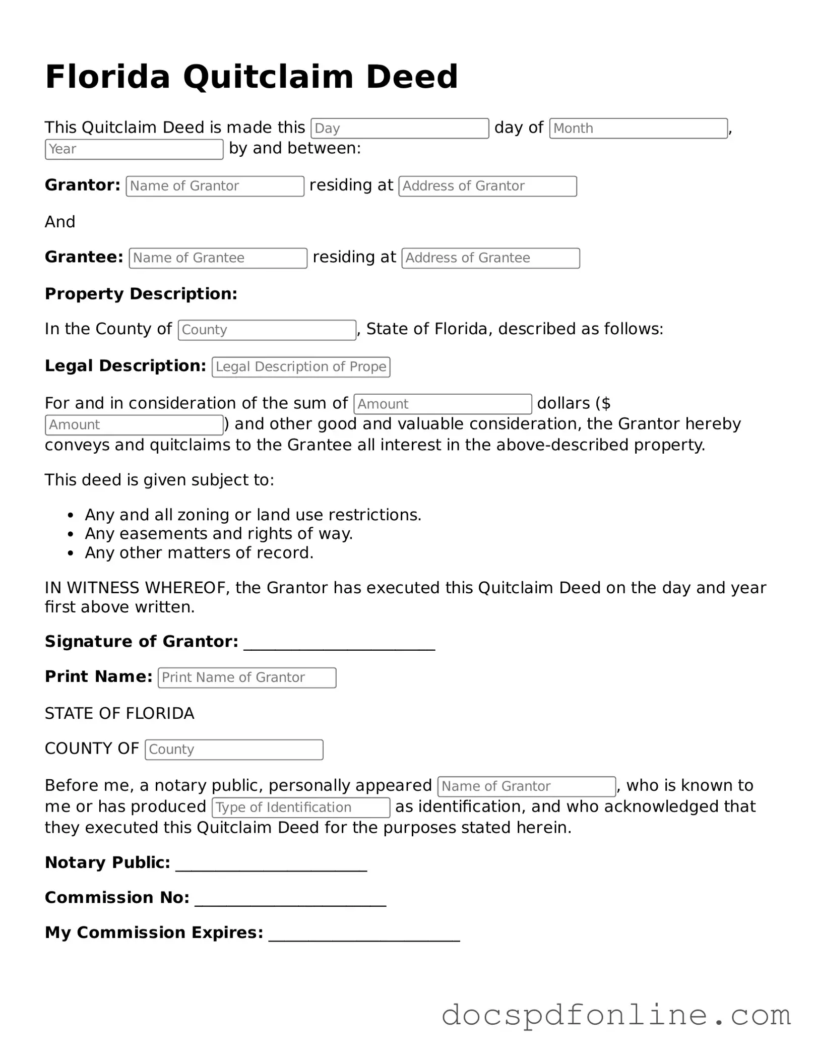 Legal Quitclaim Deed Template for Florida