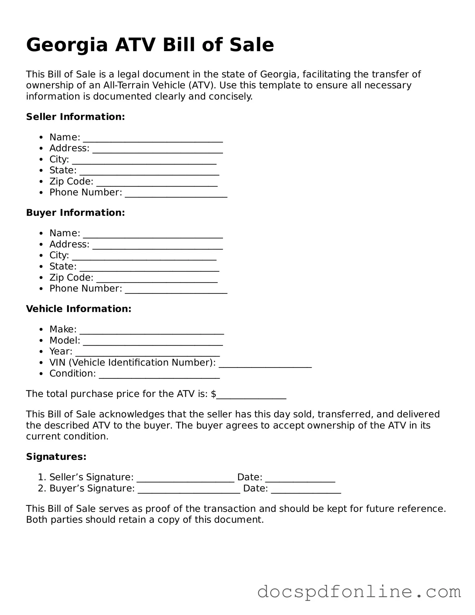Legal  ATV Bill of Sale Template for Georgia