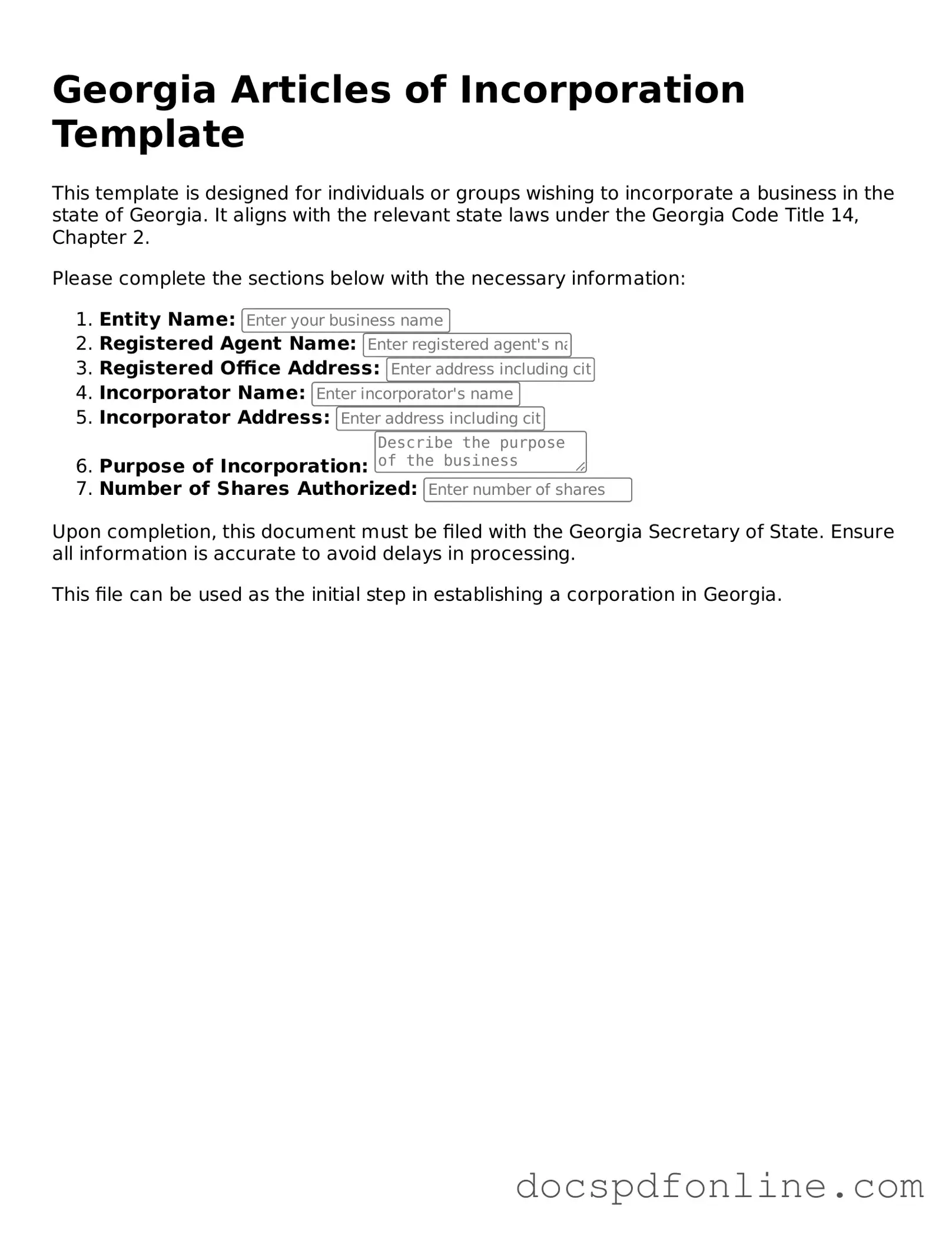 Legal Articles of Incorporation Template for Georgia
