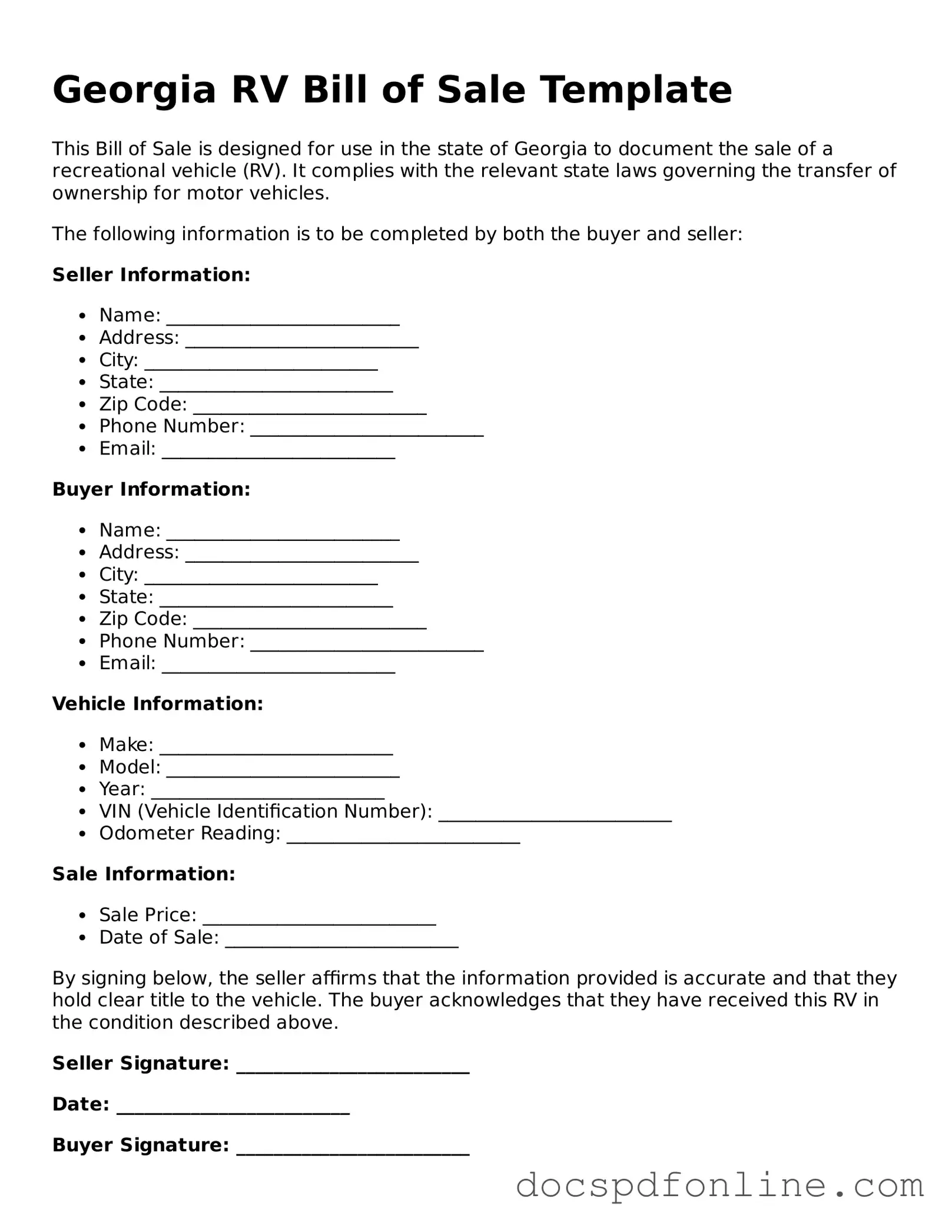 Legal  RV Bill of Sale Template for Georgia