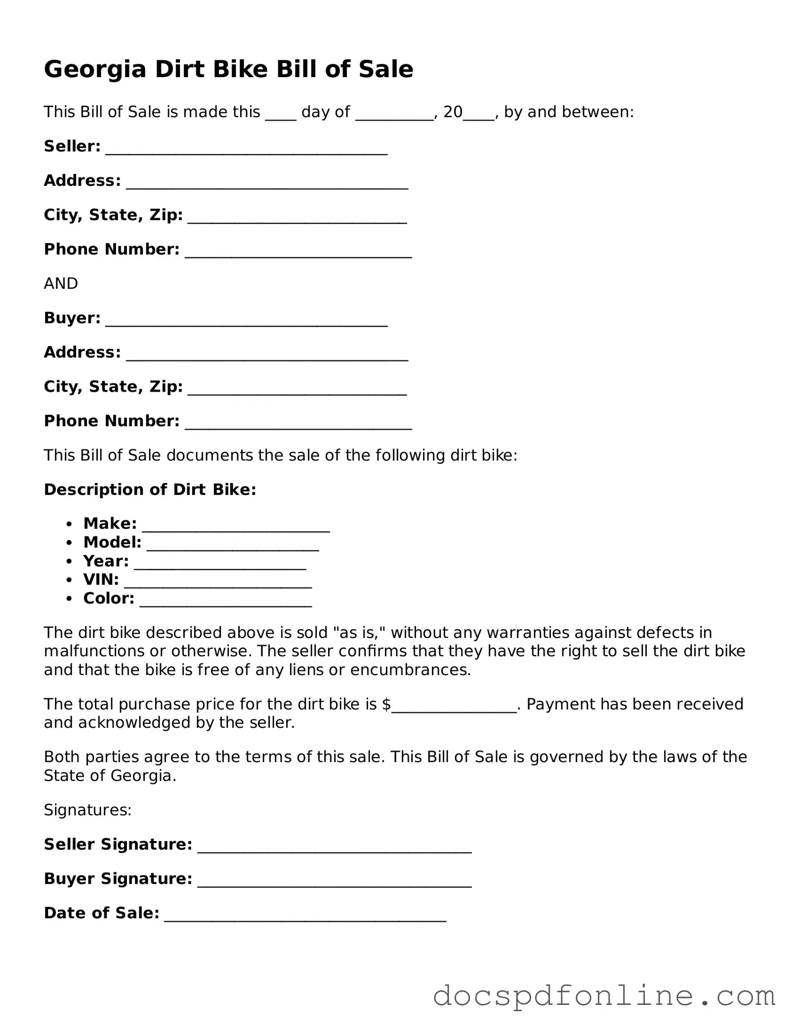 Legal  Dirt Bike Bill of Sale Template for Georgia