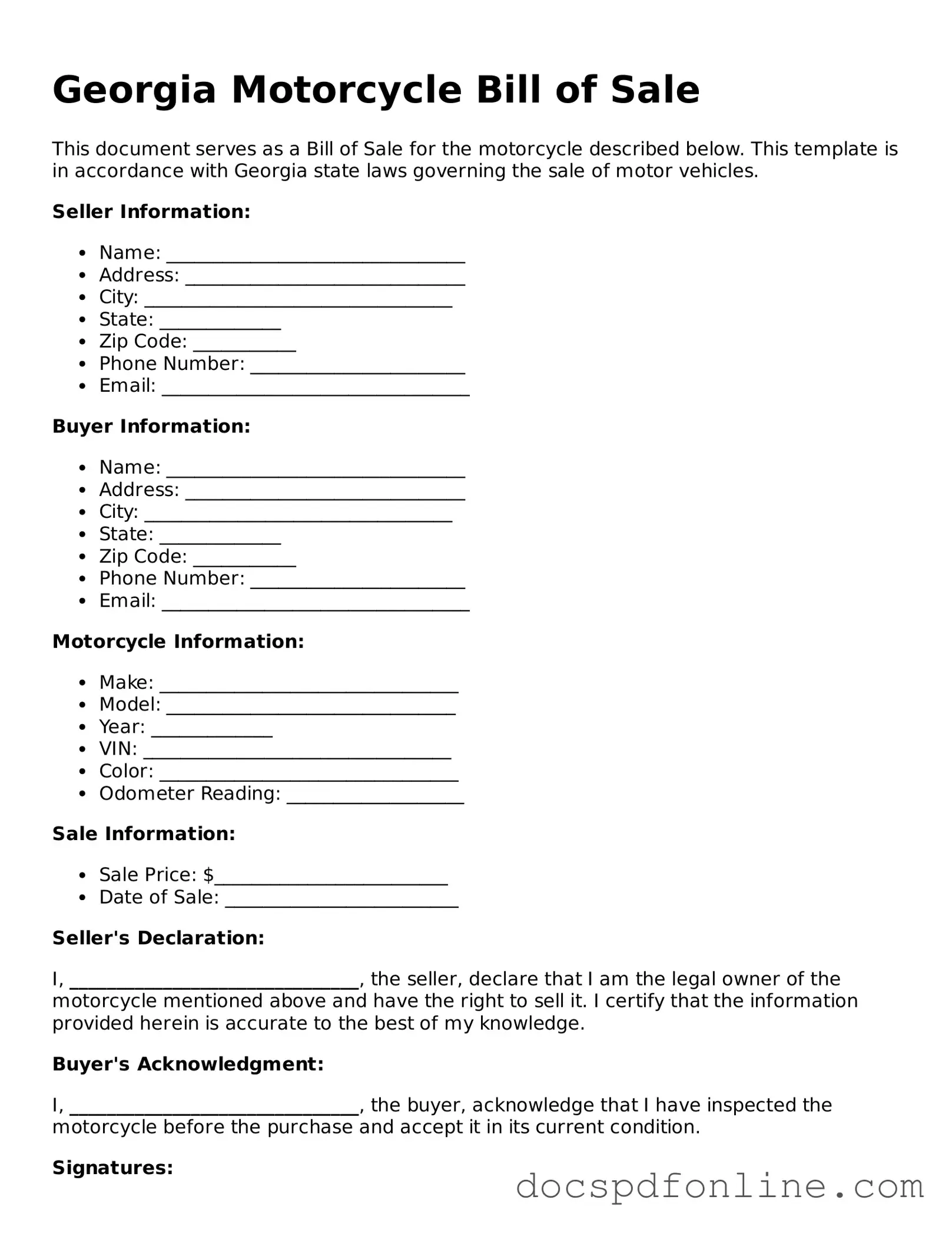 Legal  Motorcycle Bill of Sale Template for Georgia