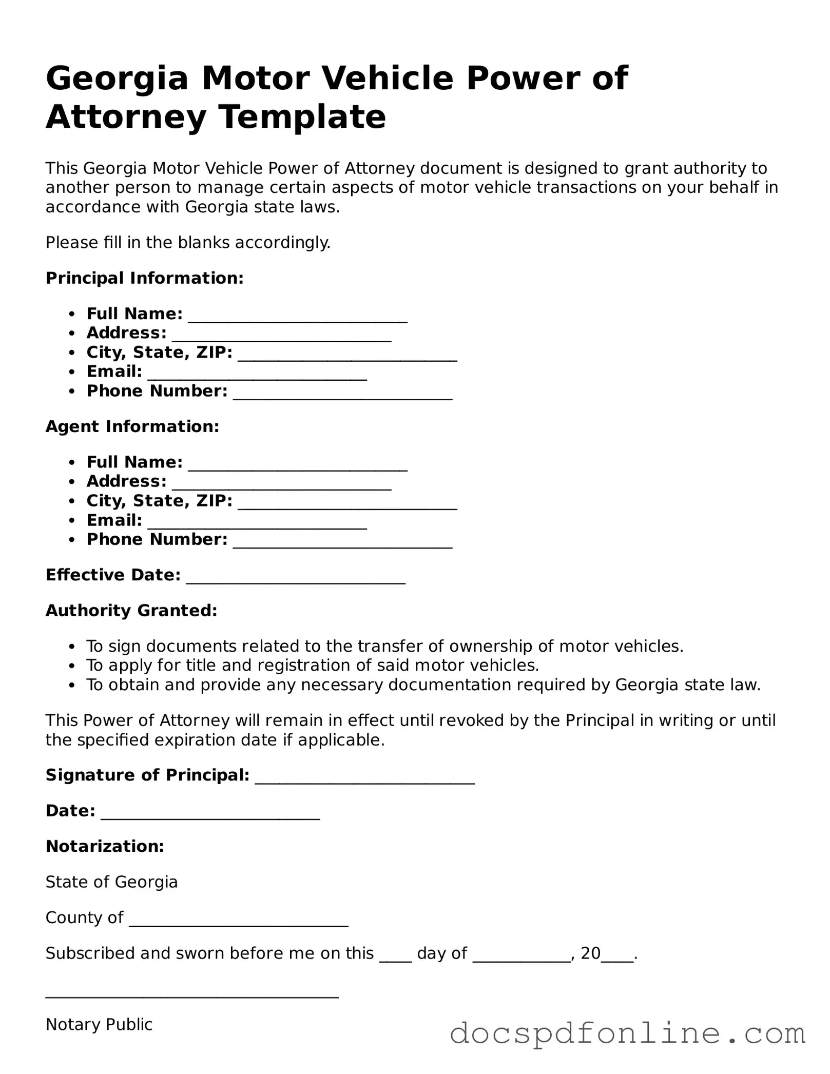 Legal  Motor Vehicle Power of Attorney Template for Georgia