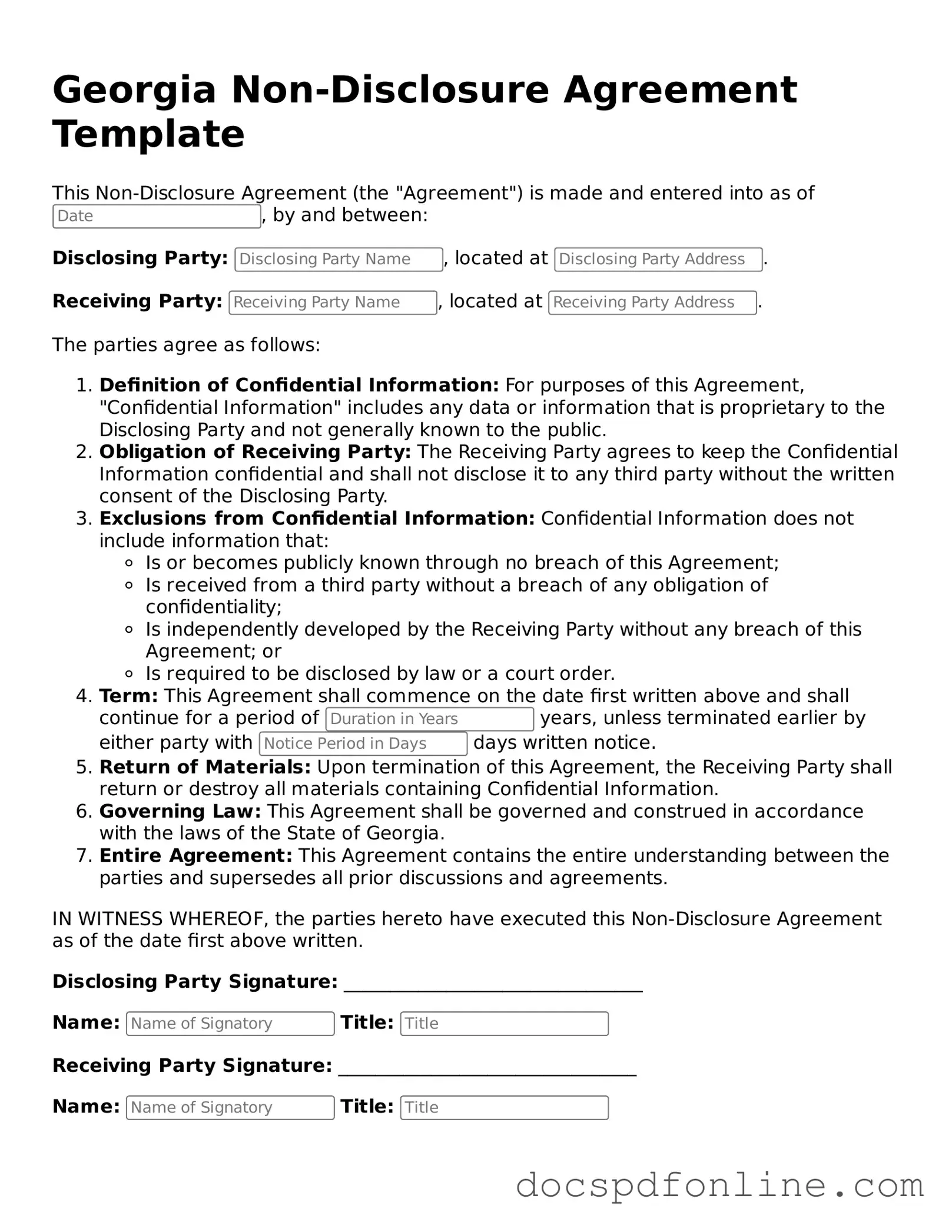 Legal Non-disclosure Agreement Template for Georgia