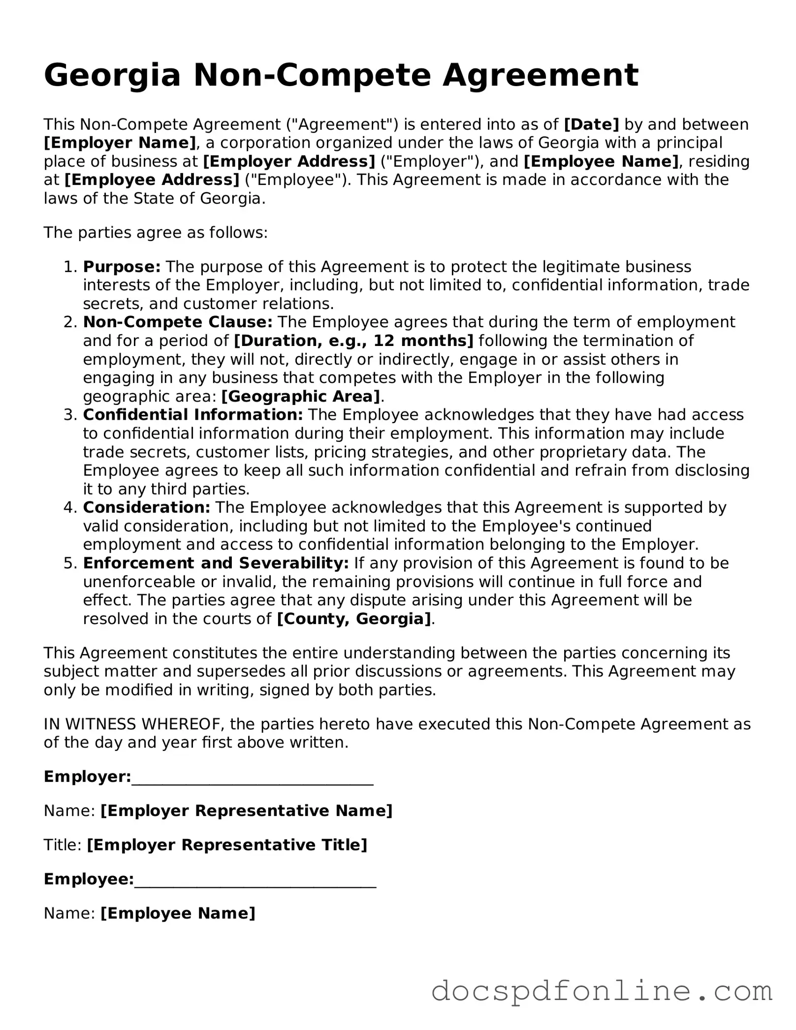 Legal  Non-compete Agreement Template for Georgia