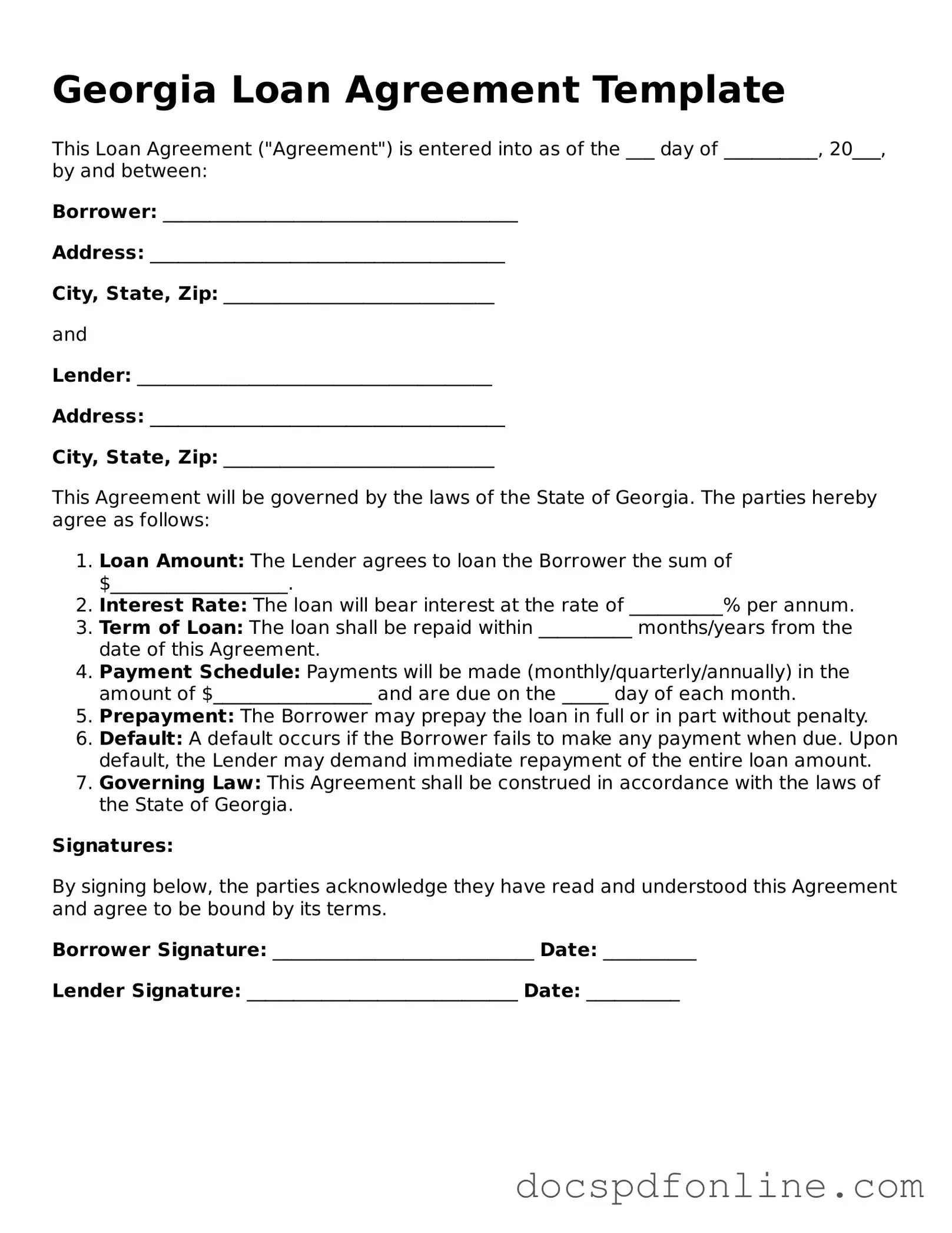 Legal  Loan Agreement Template for Georgia